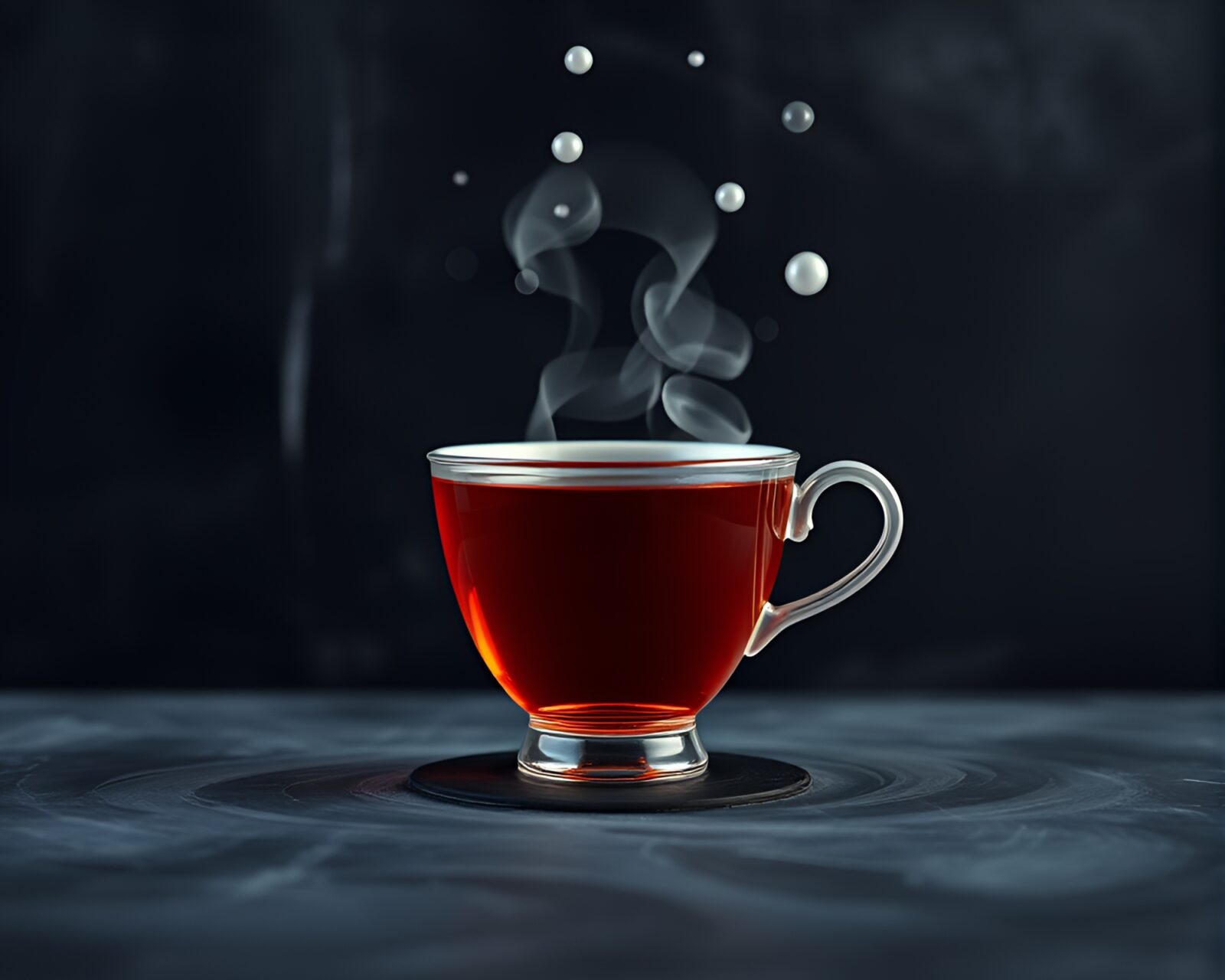 Surreal image of a floating tea cup in a digitally blooming environment