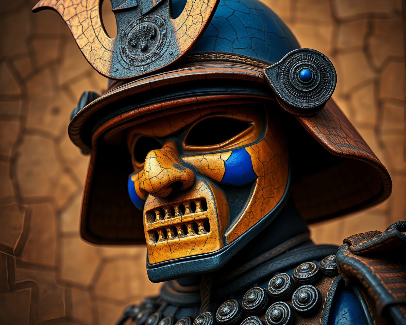 Duotone image of a weathered samurai helmet on dry, split ground