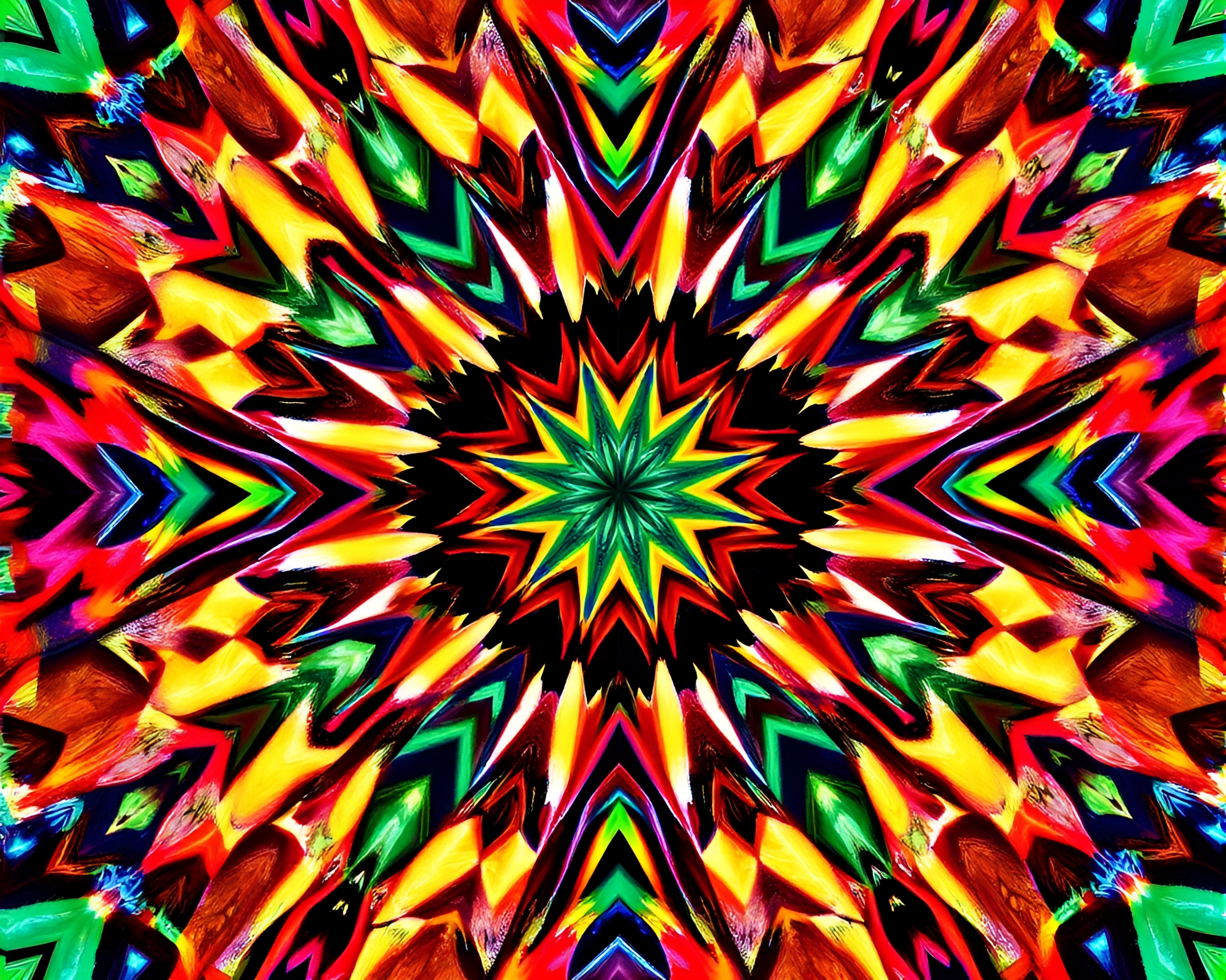 Kaleidoscopic Hexagonal Patterns with Starburst Colors – free AI stock image