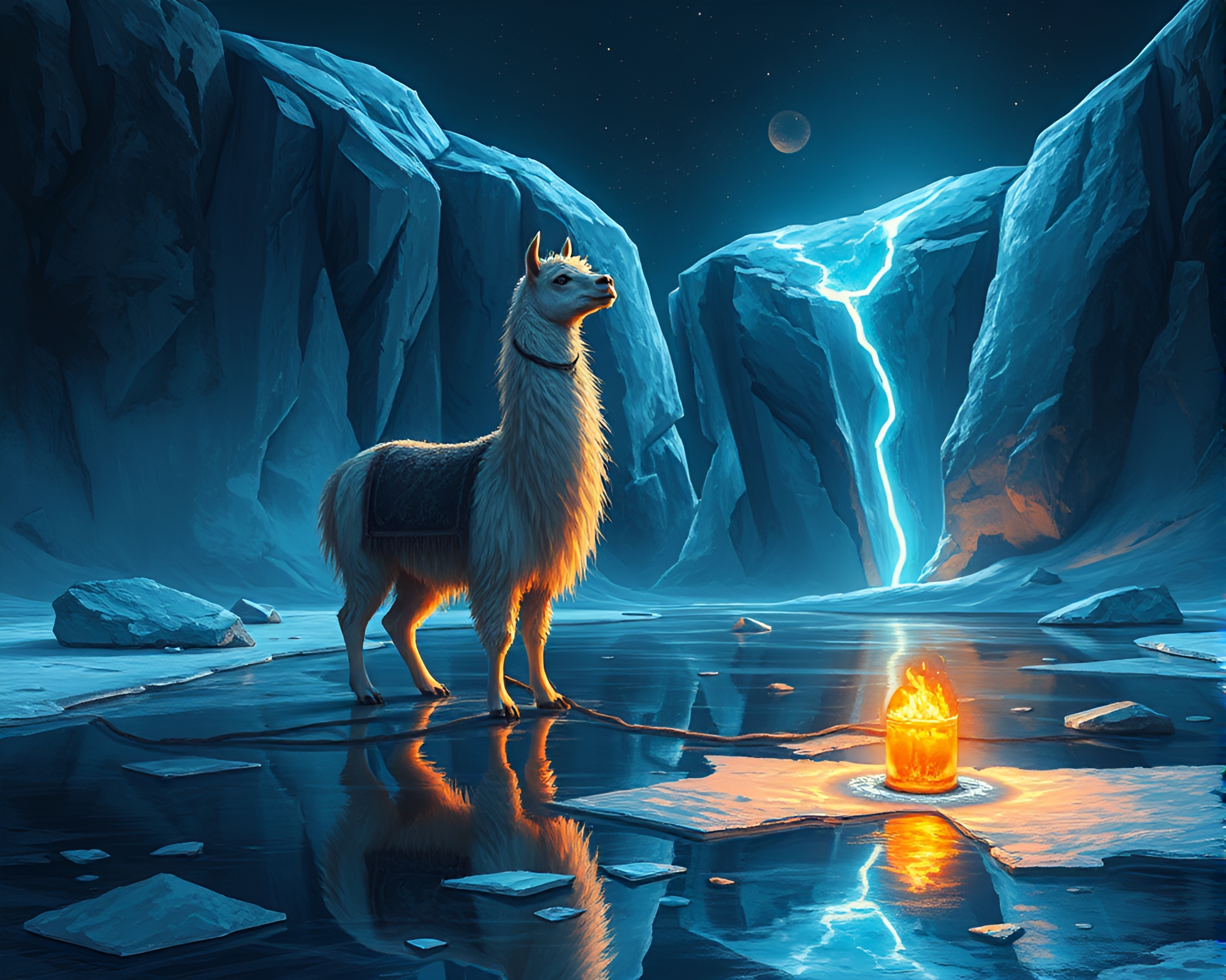 Ice-Reflected Llama in Dungeon Torchlight – free AI stock image