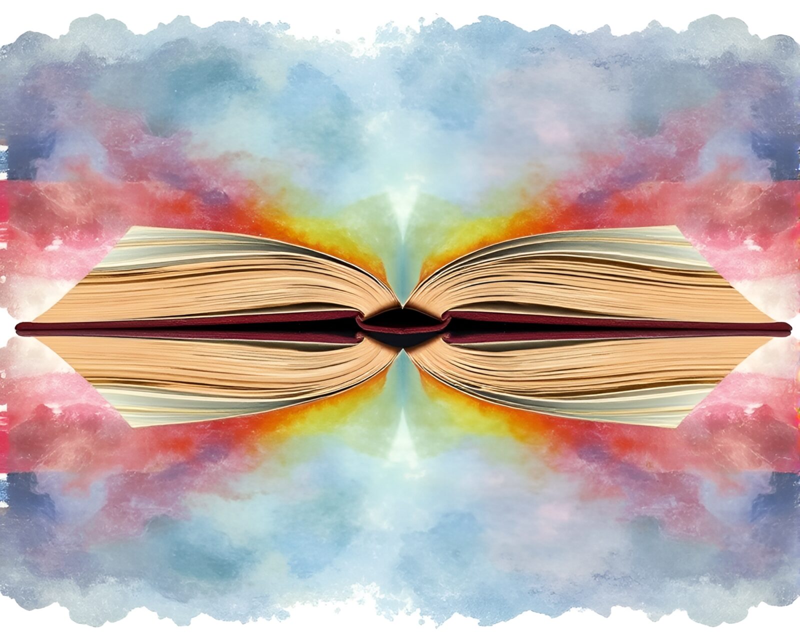 Fantasy book reflecting twice in mystical watercolor hues