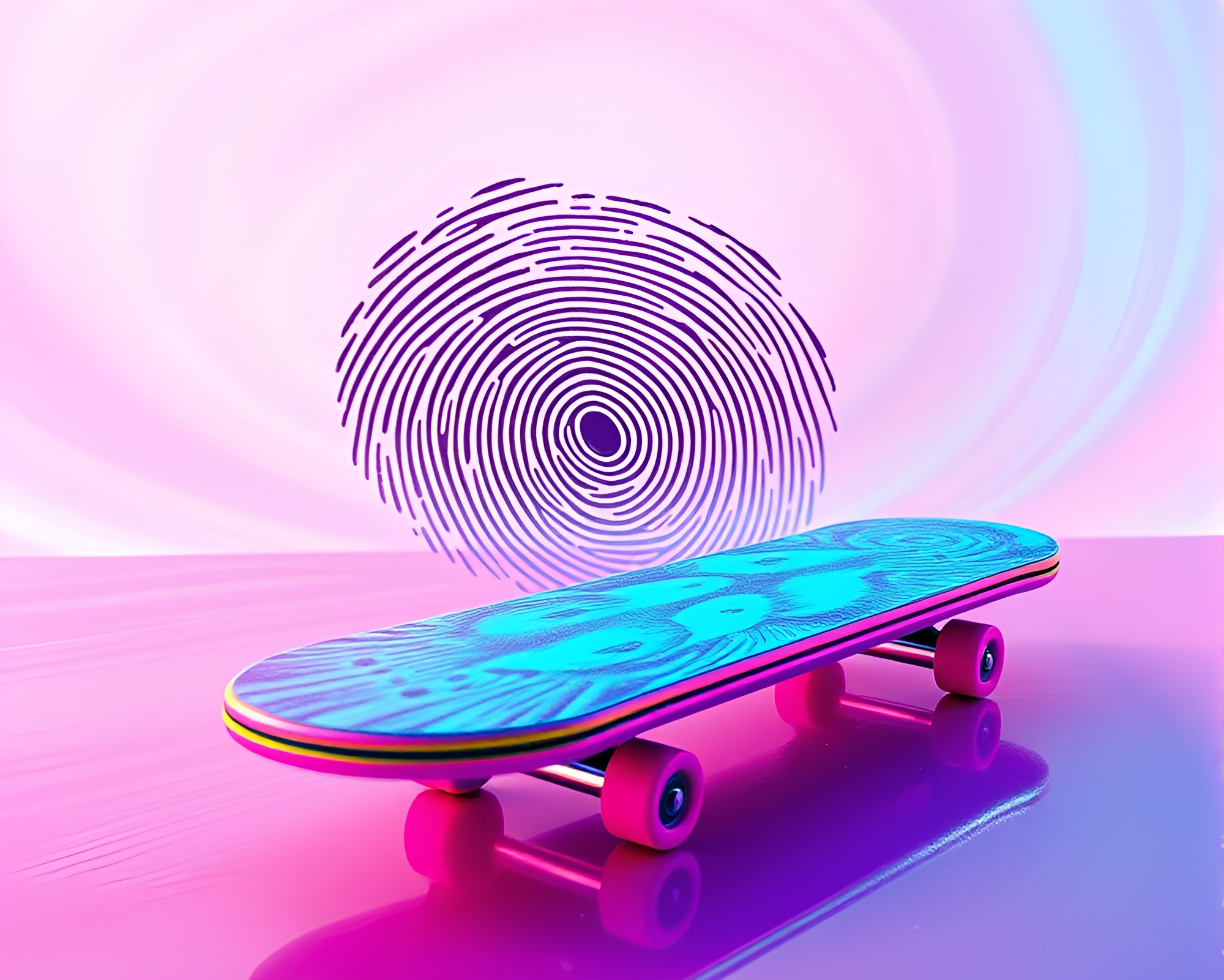 Futuristic Hoverboard Ride Through Neon Fingerprint Swirls – free AI stock image