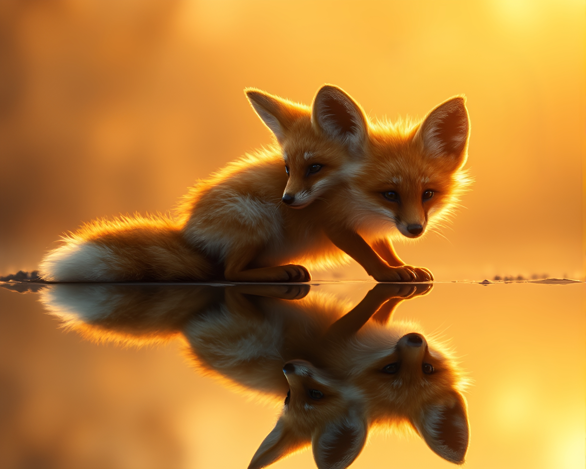 Fennec Fox Gazing into Reflecting Pool at Dusk – free AI stock image