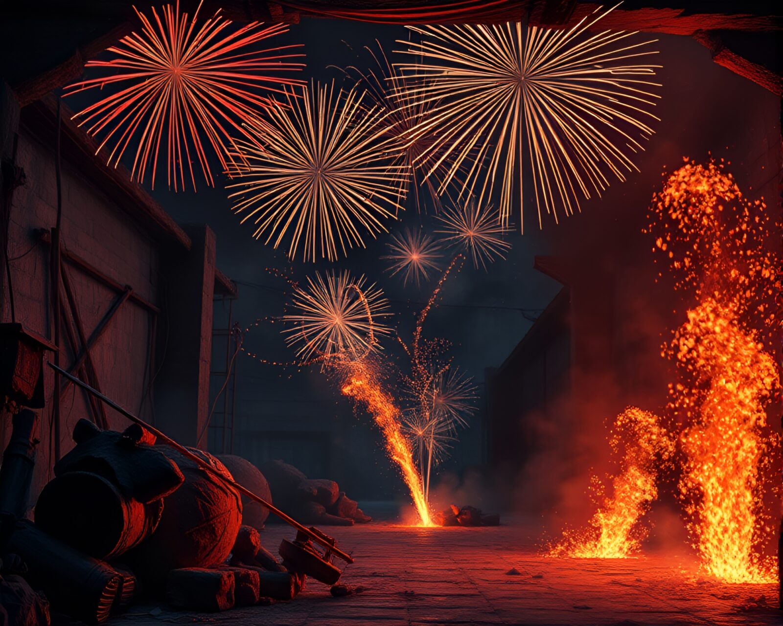 Vibrant Phoenix-shaped fireworks illuminating dark basement interior