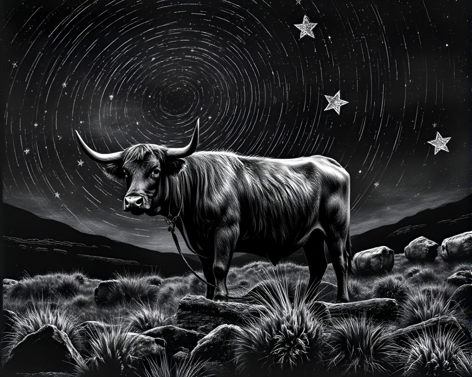 Fantasy graphic novel portrayal of Highland cow under star trails