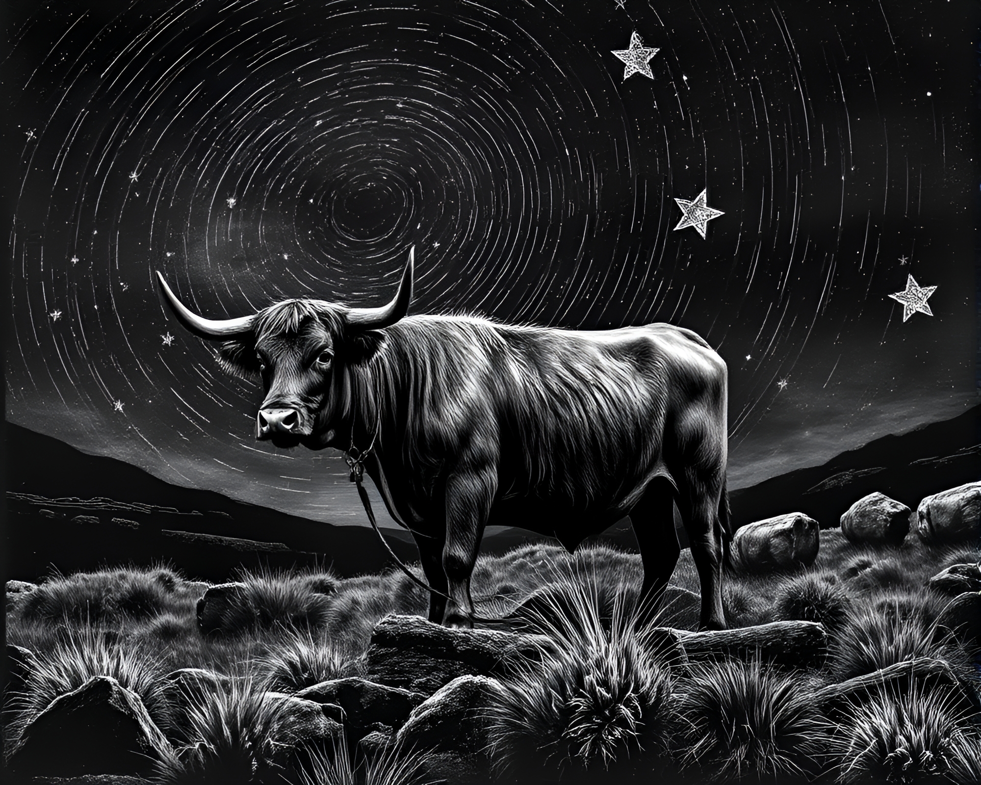 Highland Cow Under Charcoal Star Trails – free AI stock image