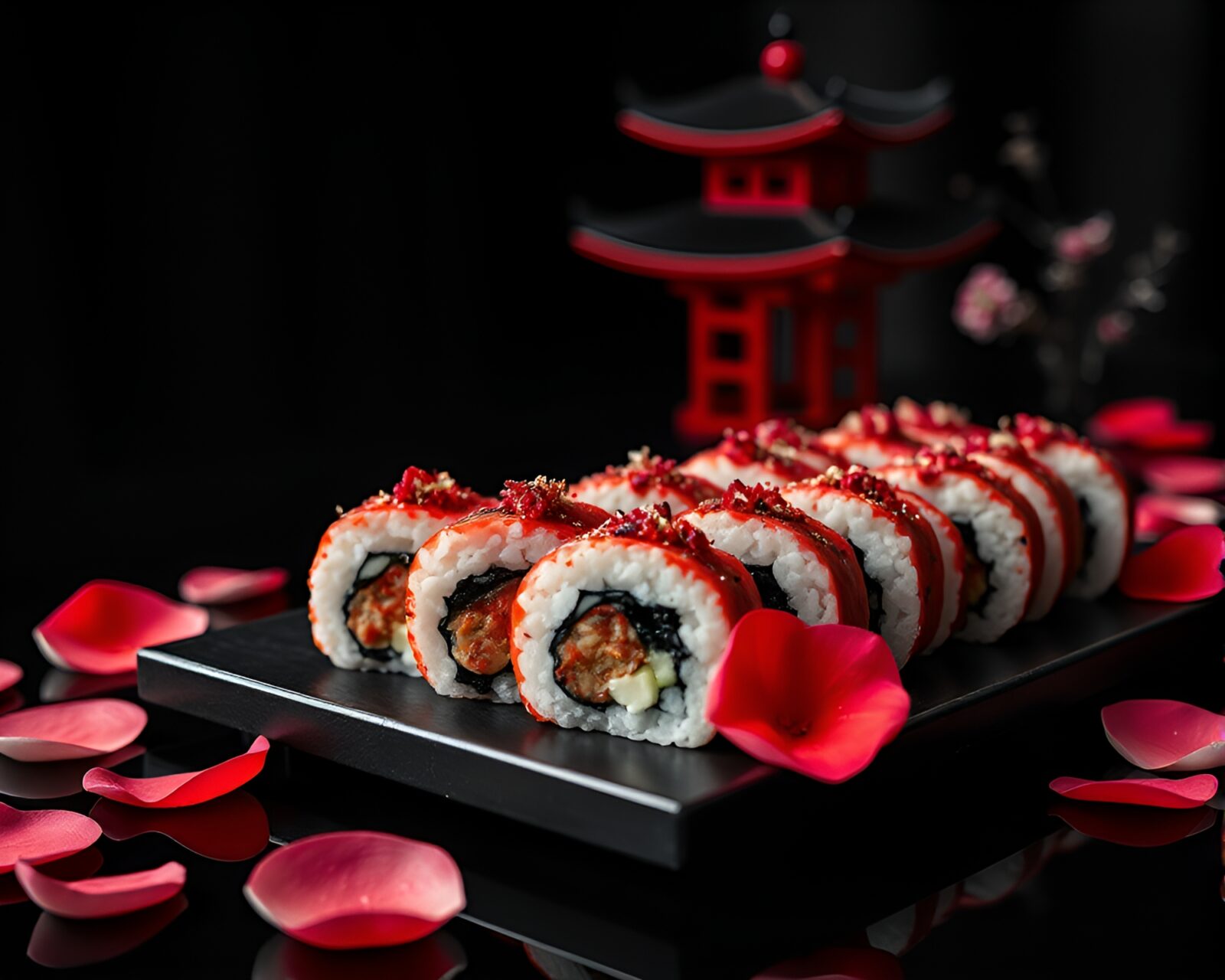 Architectural rendering of sushi plates adorned with red flower petals.