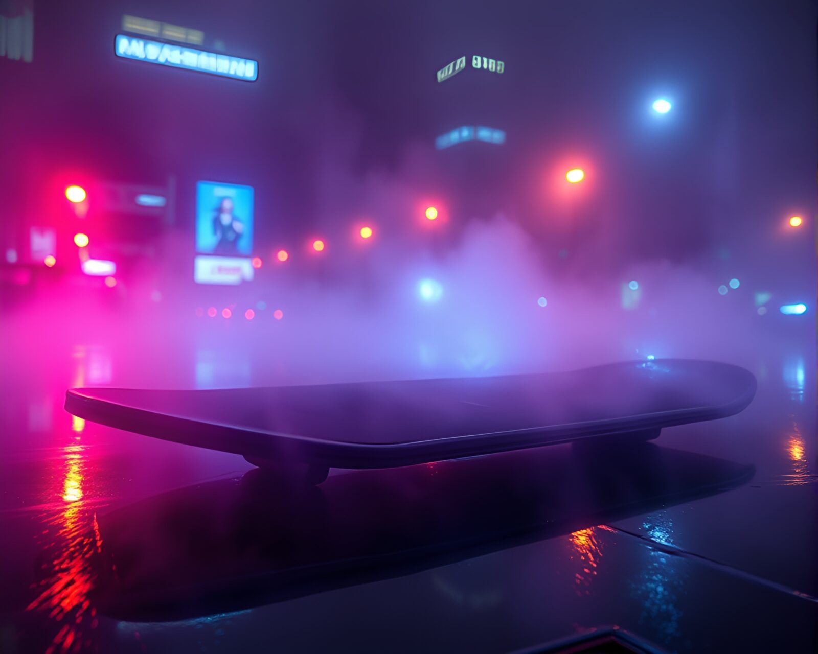 Hoverboard dancer reflects in vibrant stained glass surfaces amidst mist