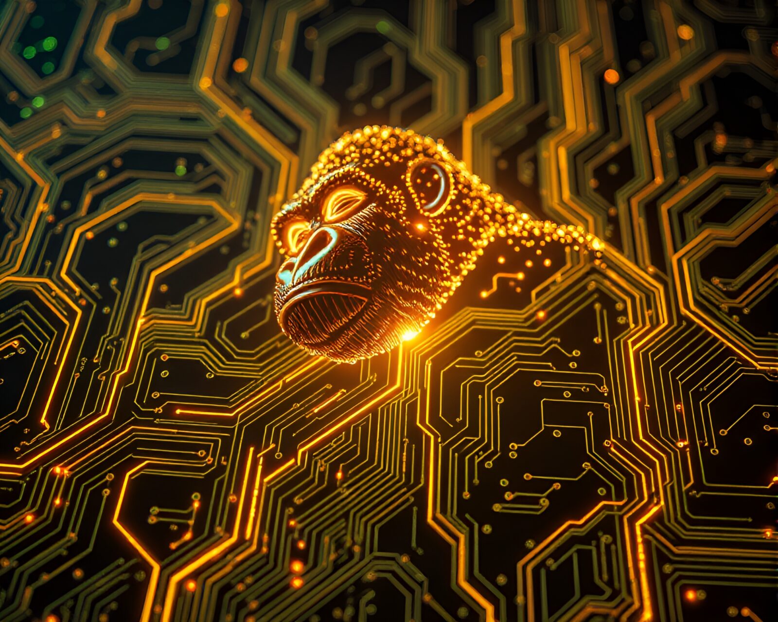 Data visualization style image of gorilla in futuristic setting
