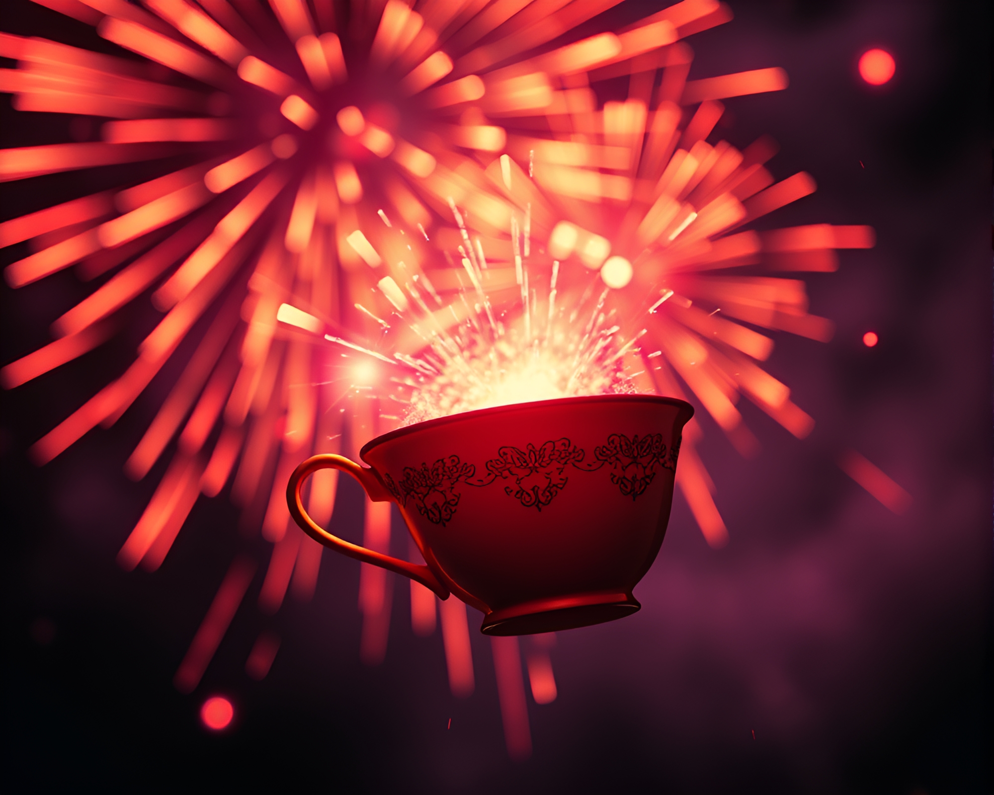 Vibrant Tea Cup Floating Among Neon Firework Bursts – free AI stock image