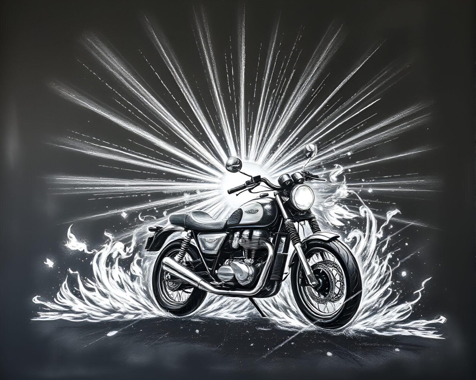 Chalk drawing of a motorcycle surrounded by sunbeam vortex