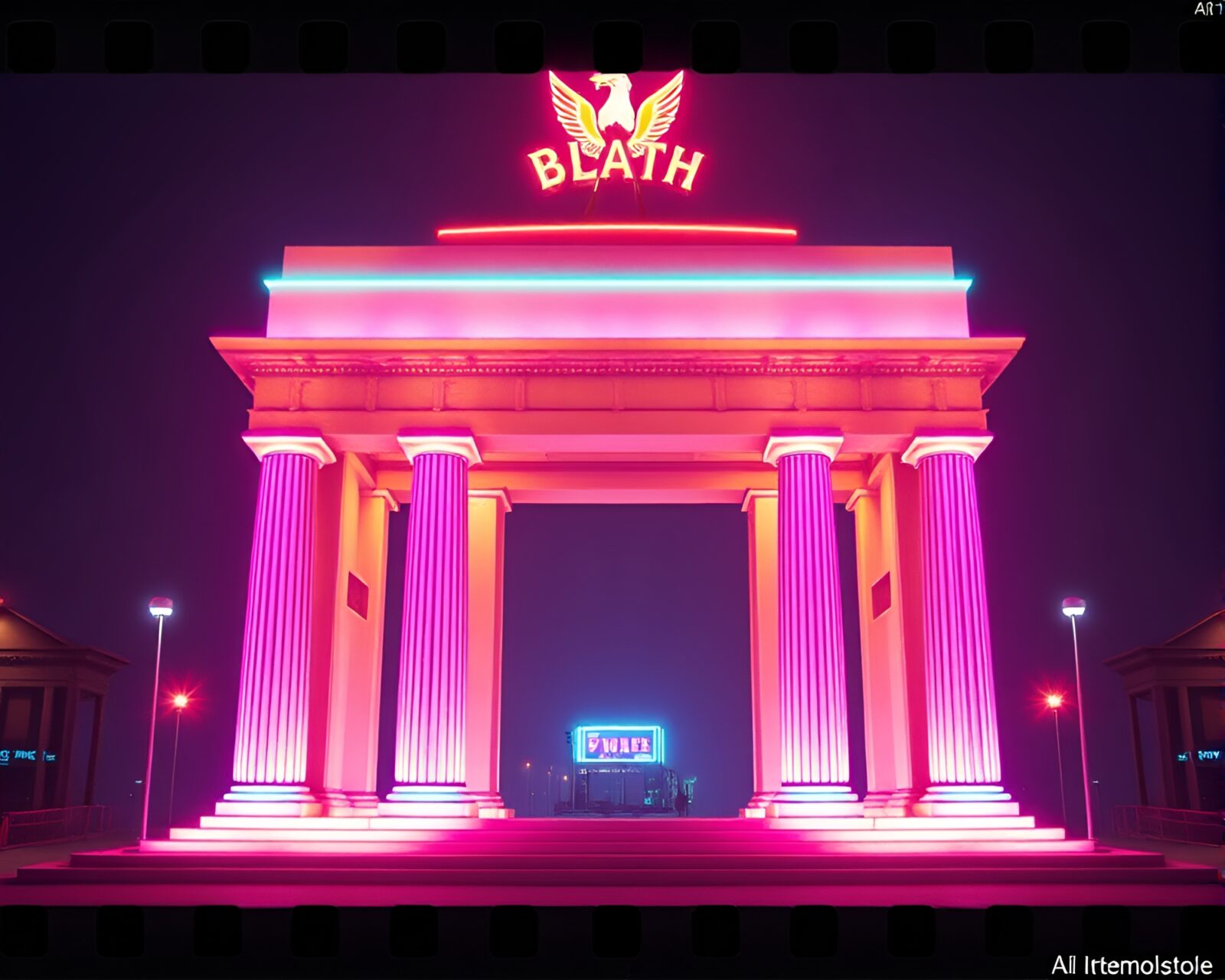 Artistic AI-rendered scene with obelisk and film sprockets