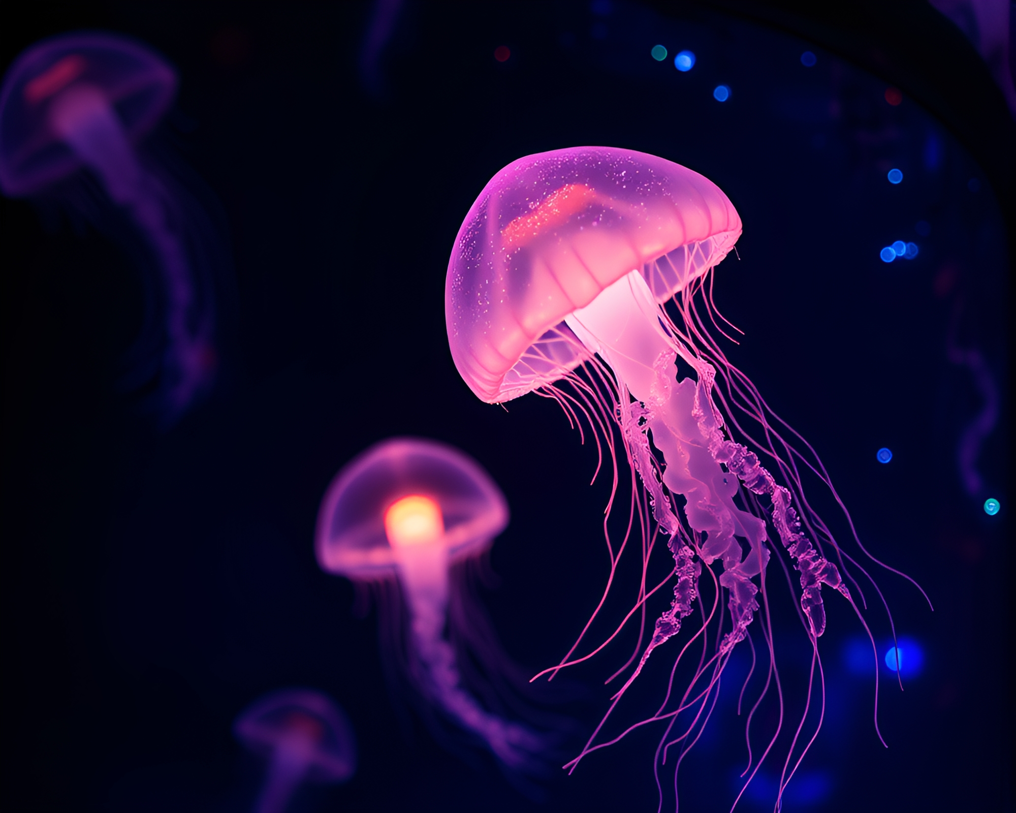 Bioluminescent Jellyfish Dance in Spiral Candlelit Night – free AI stock image