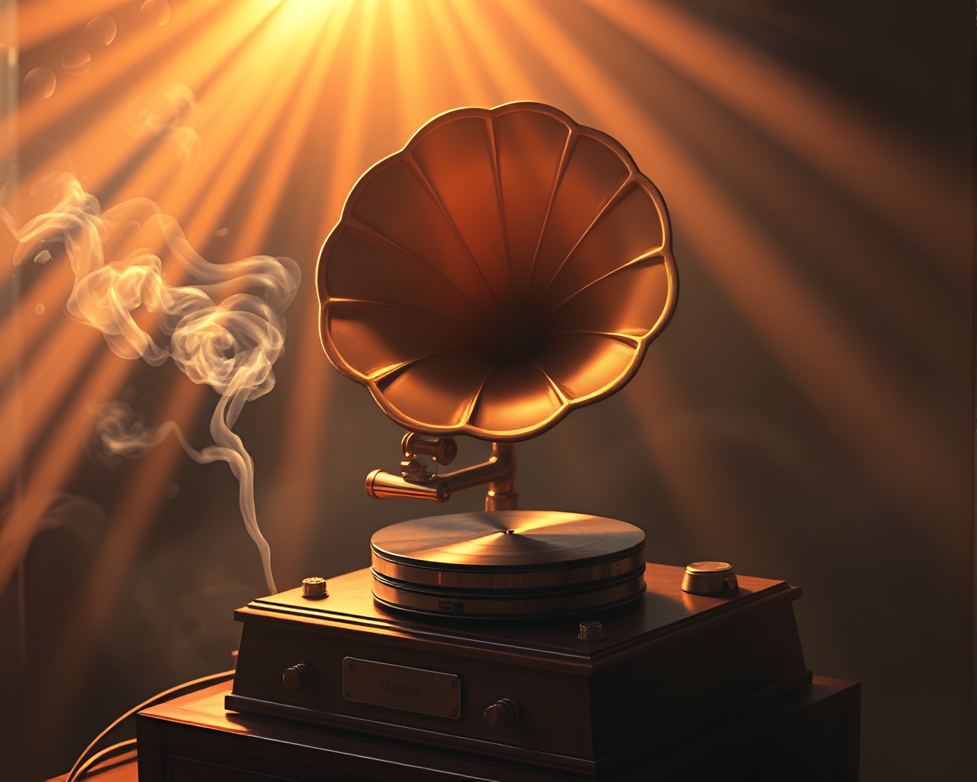 Steampunk Gramophone Emitting Smoke Rings in ASCII Sunbeam – free AI stock image