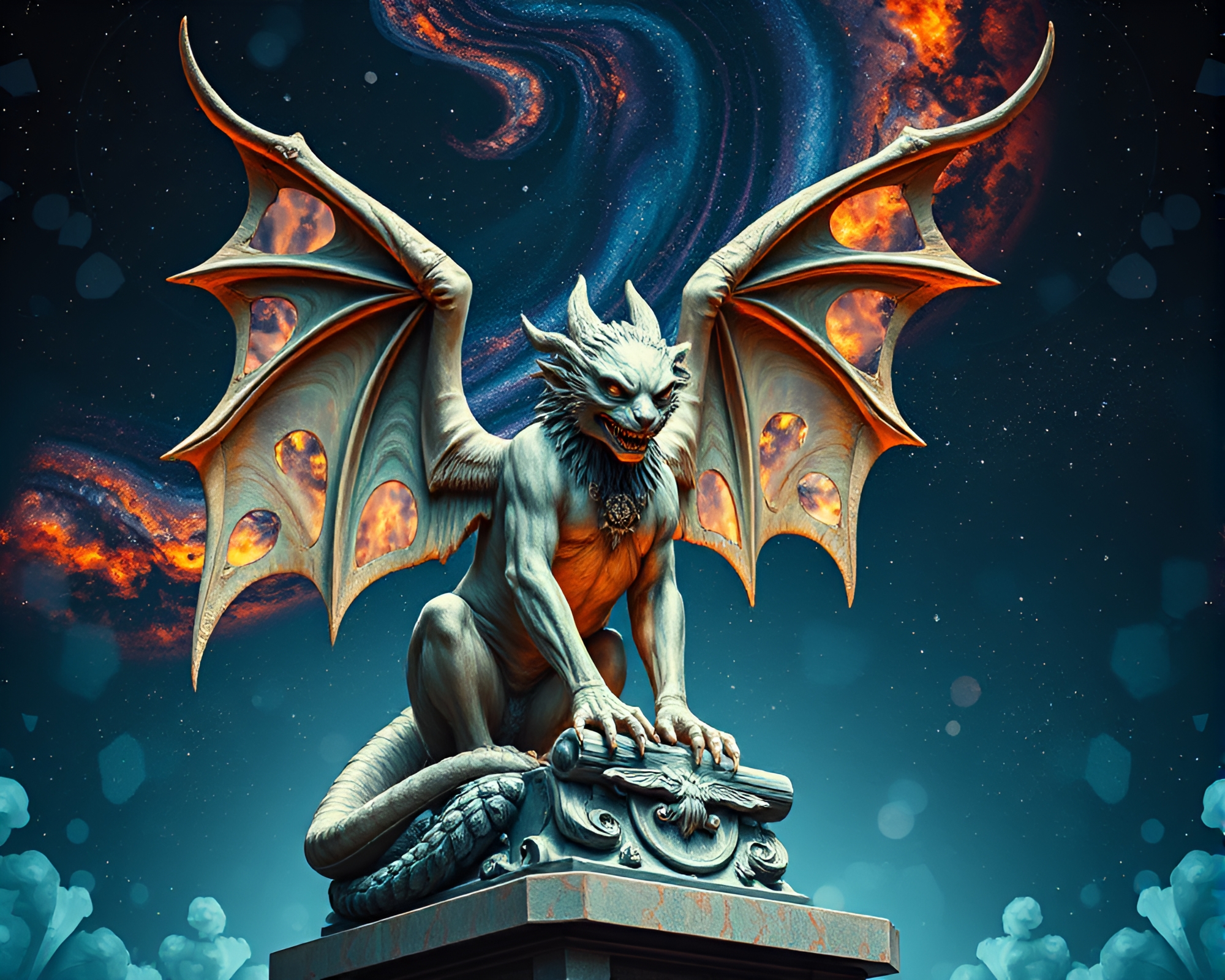 Gargoyle Statue in Kaleidoscope Fragment Sky – free AI stock image
