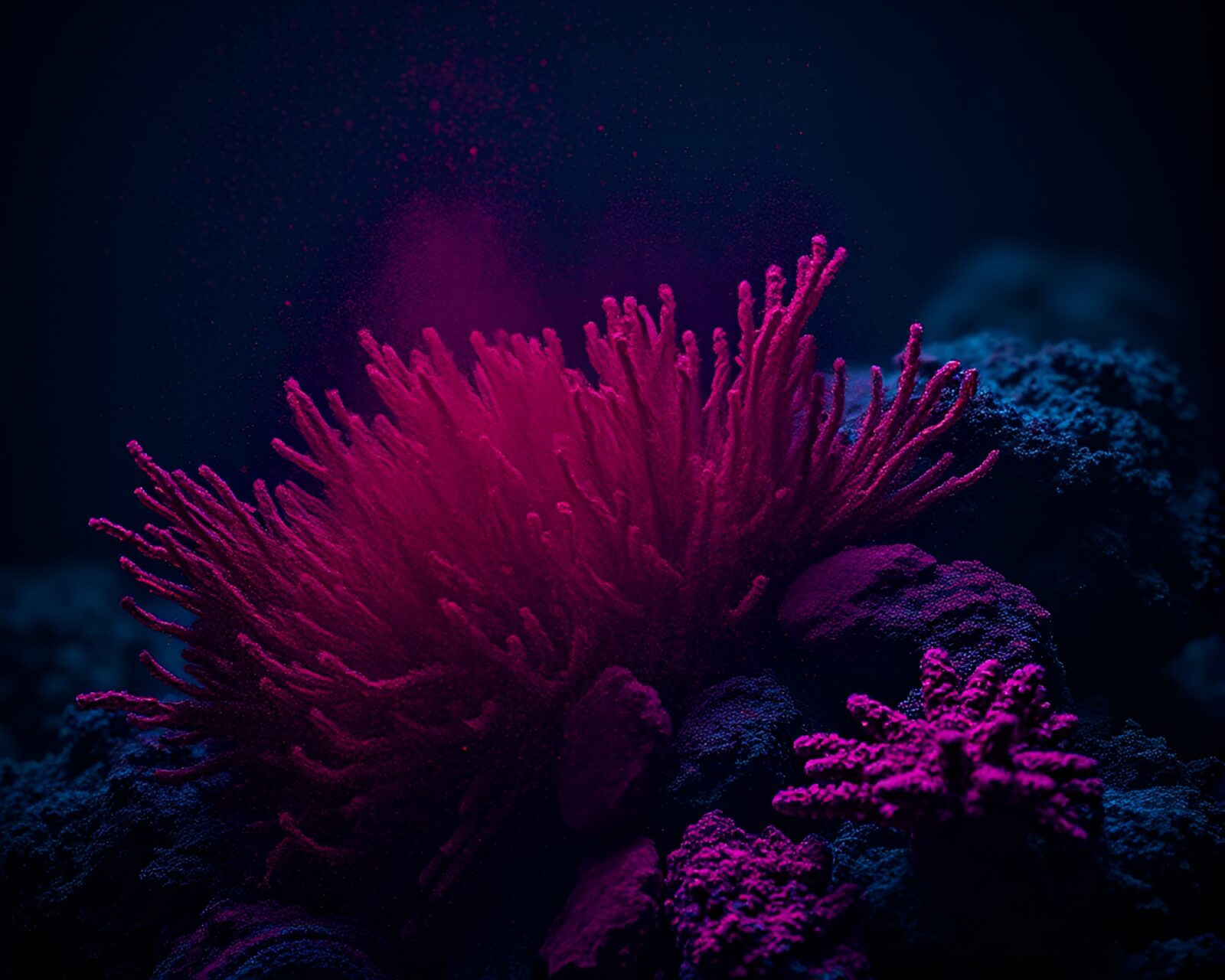 Vibrant red-blue underwater scene with dramatic lighting effects