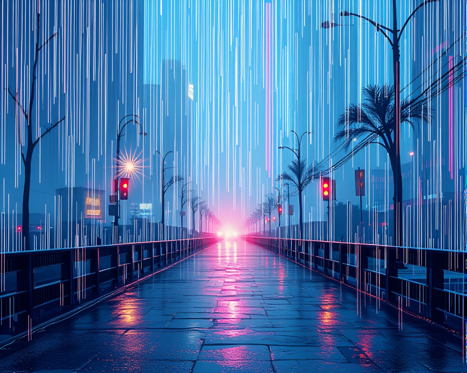 Digital glitch effect on wet pavement with heavenly light rays