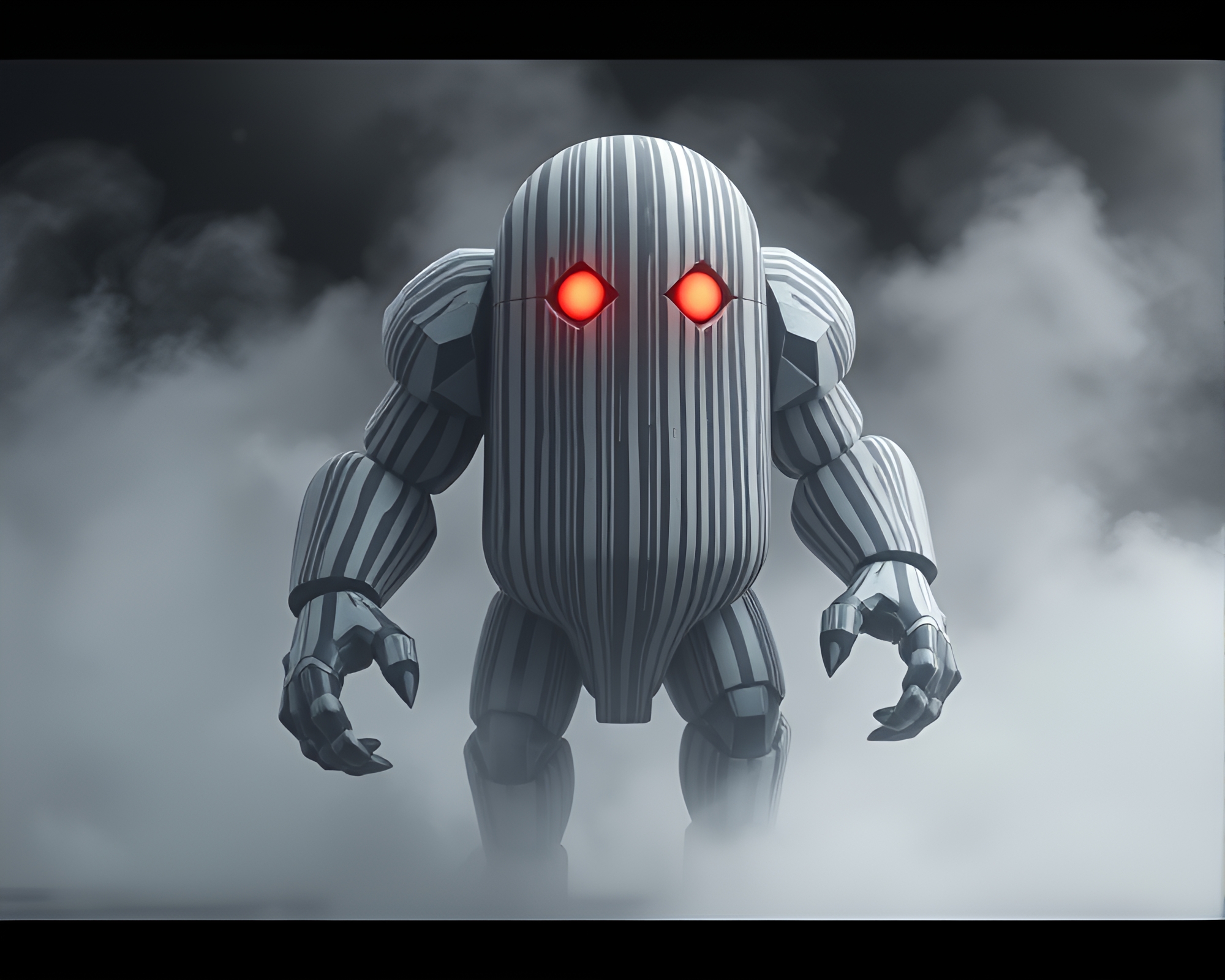 Future Tech Golem in Barcode Stripe Landscape – free AI stock image