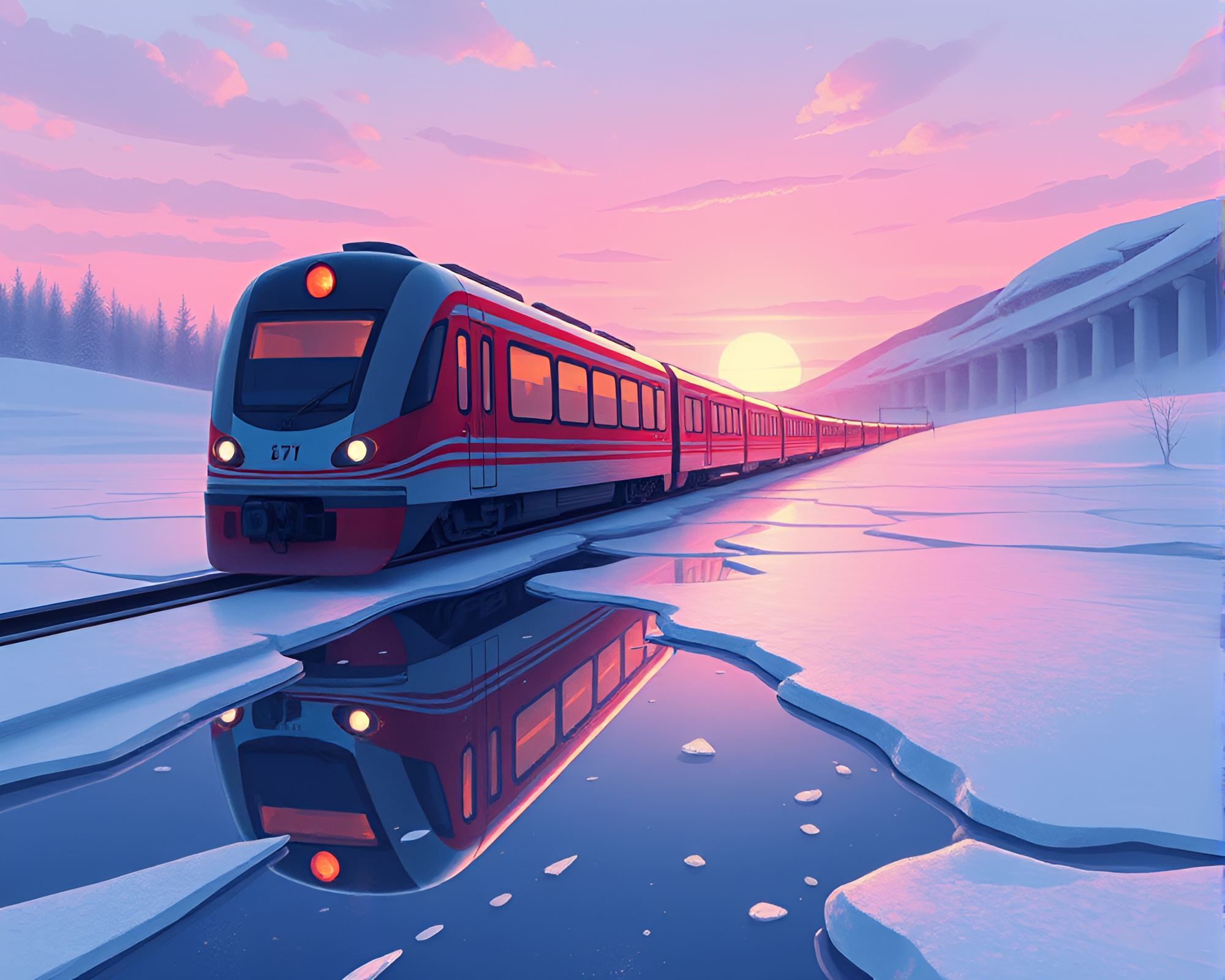 Enchanting Ice Reflections: Magnetic Levitation Train at Sunrise – free AI stock image