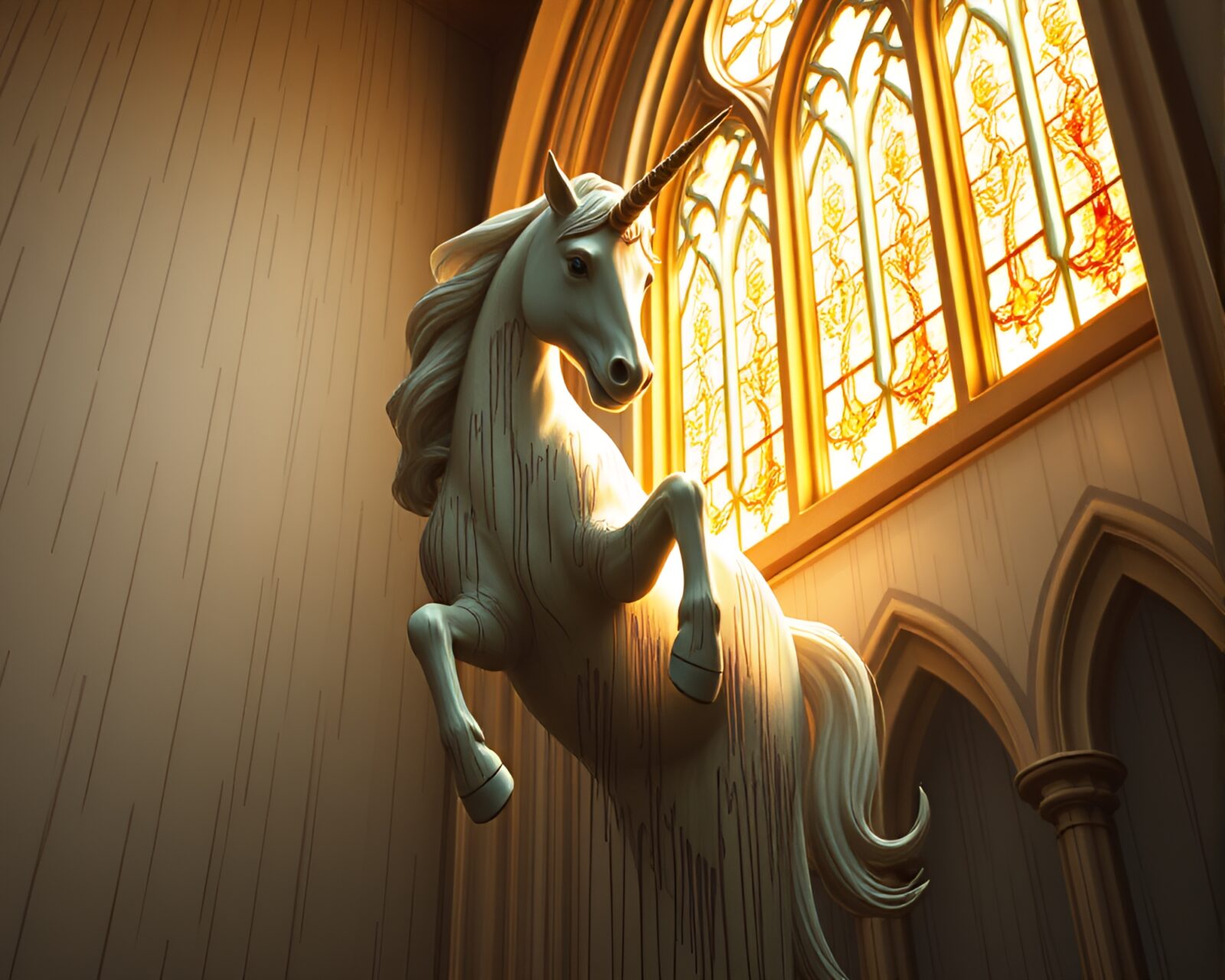 Majestic unicorn in a mystical cathedral with colorful light