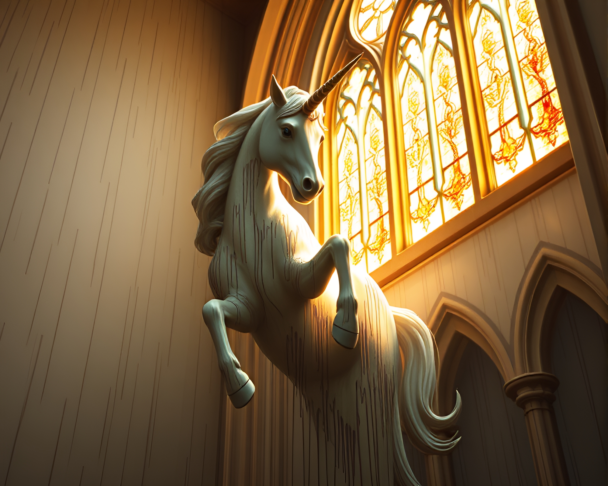 Enchanted Unicorn in Cathedral Stained Light – free AI stock image