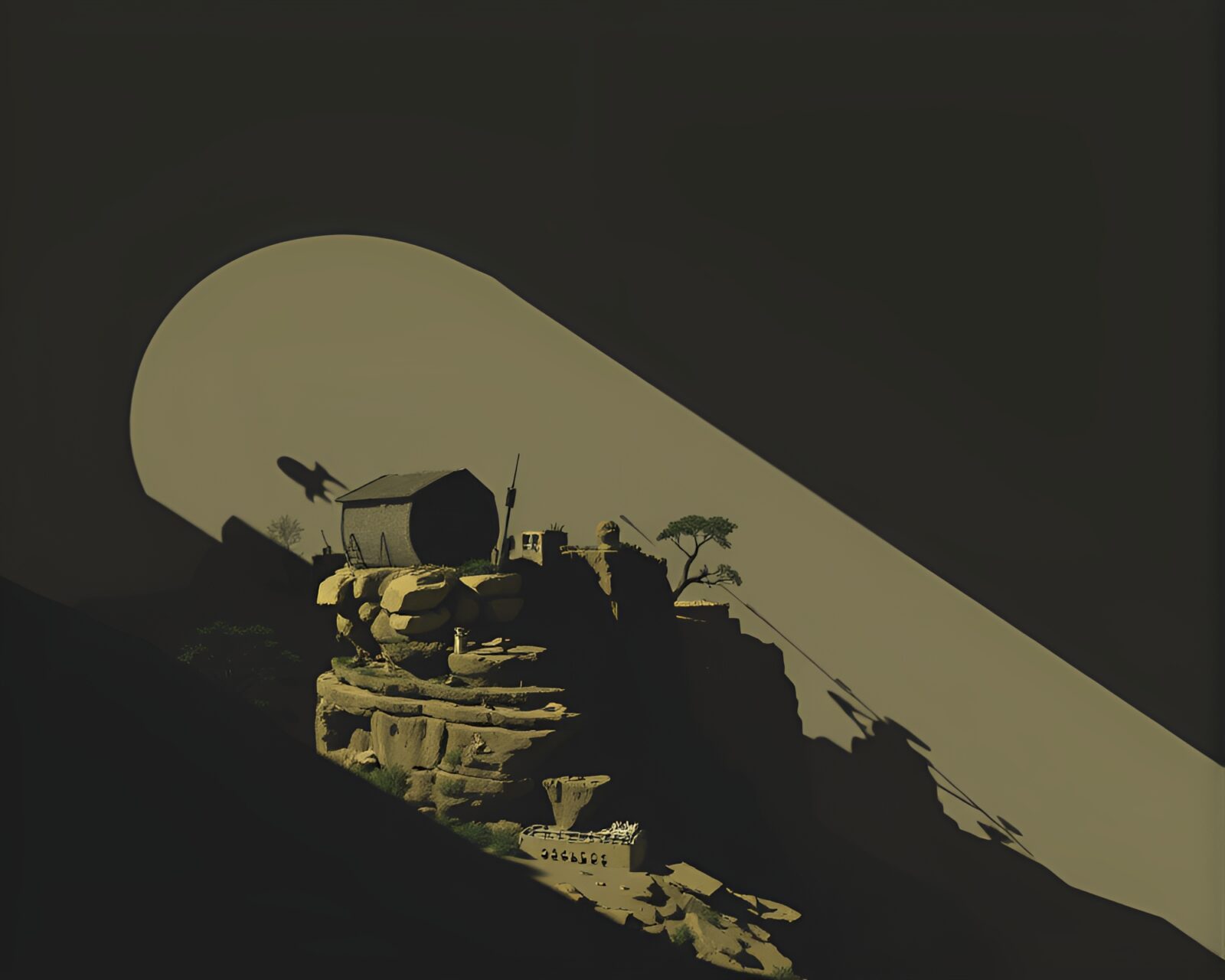 Dark grunge style space habitat on cliffside with shadows