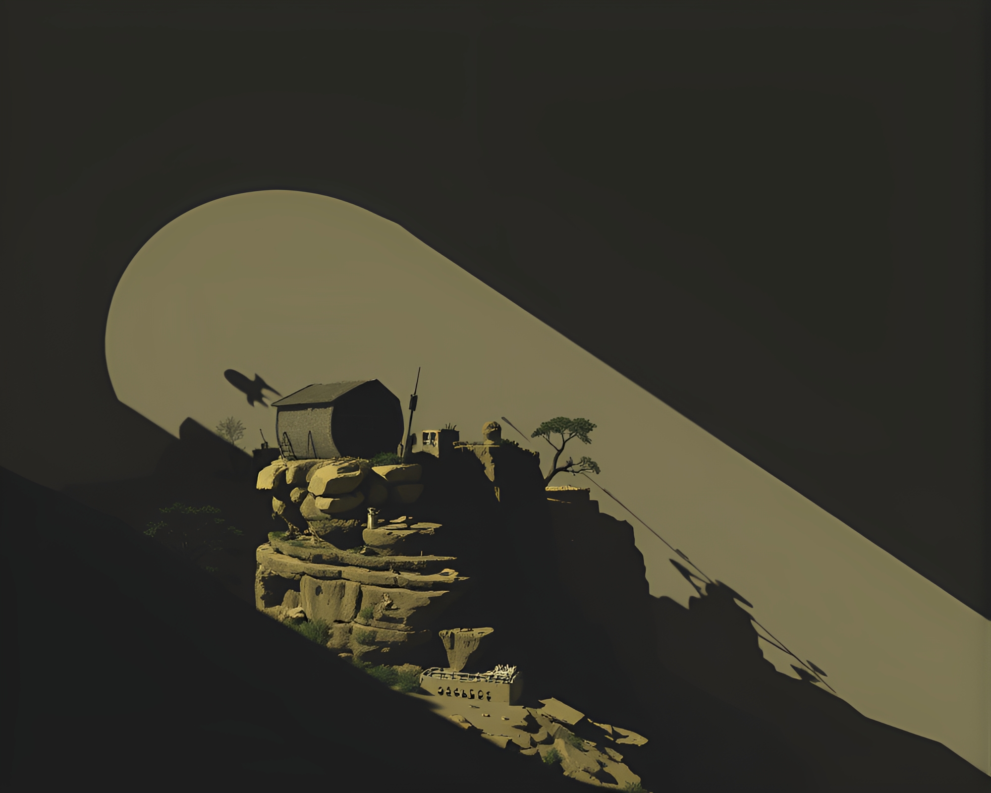 Grunge Space Habitat Amid Cliffside Shadows – free AI stock image
