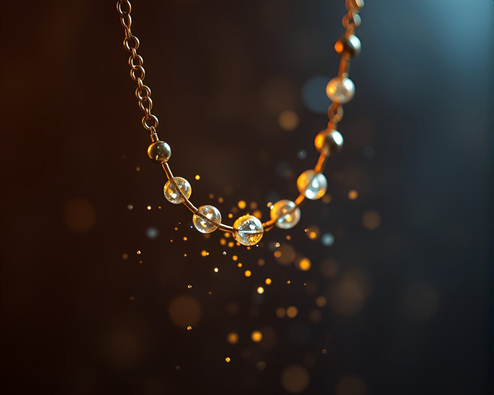 Pixel art necklace surrounded by glowing dust particles