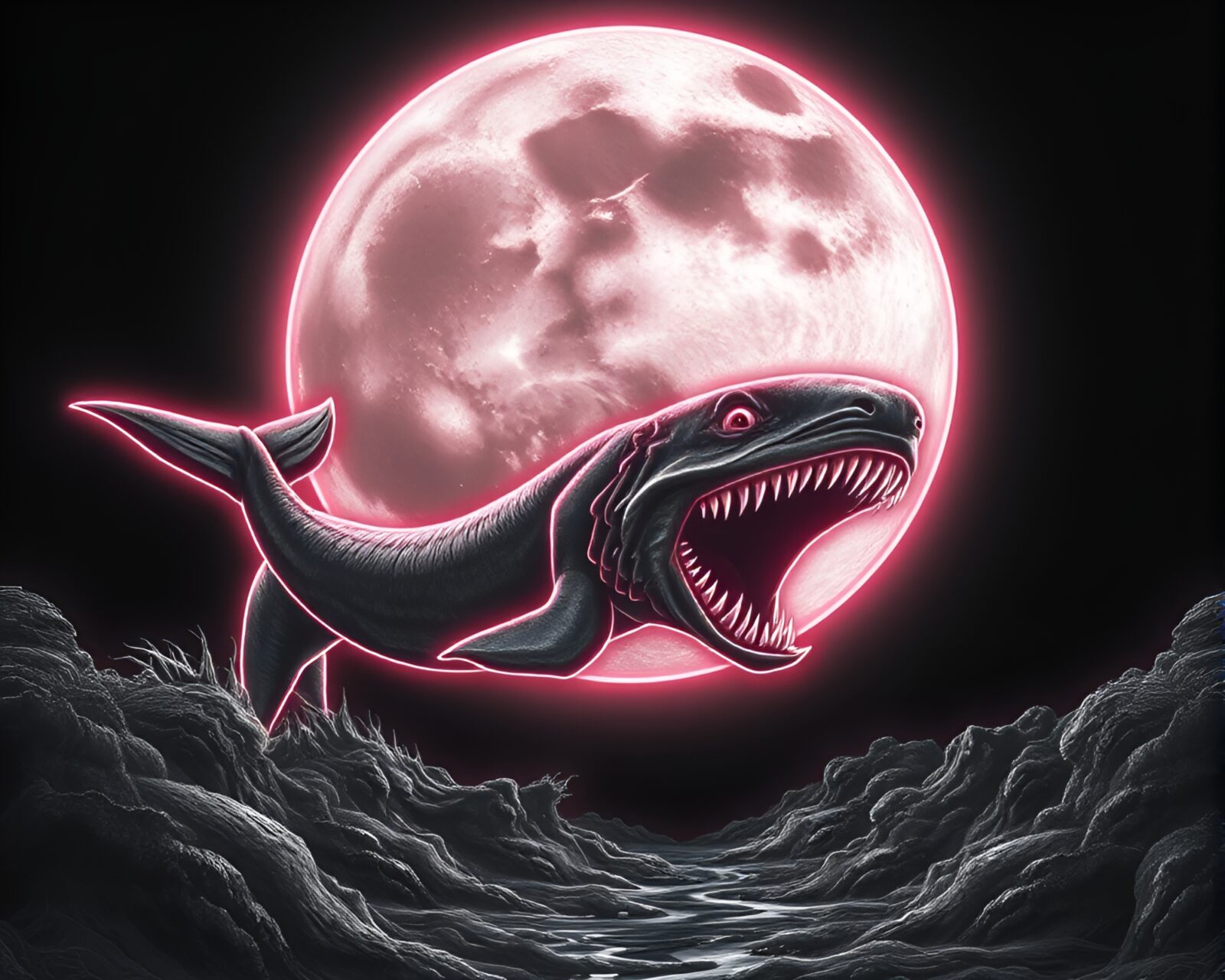Tight crop image of neon sign style Leviathan in gray tones