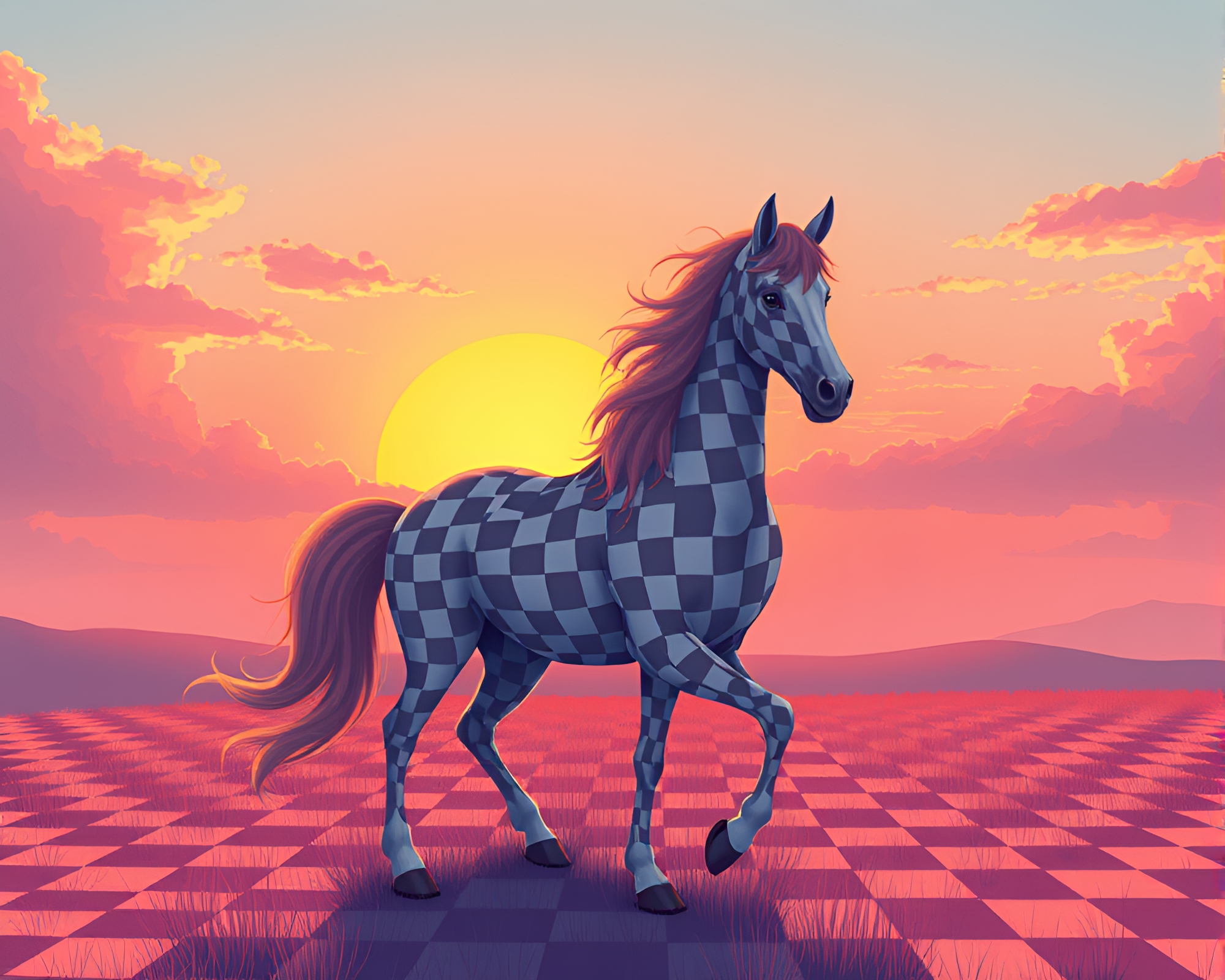 Checkered Sunrise: Centaur Fashion Illustration – free AI stock image