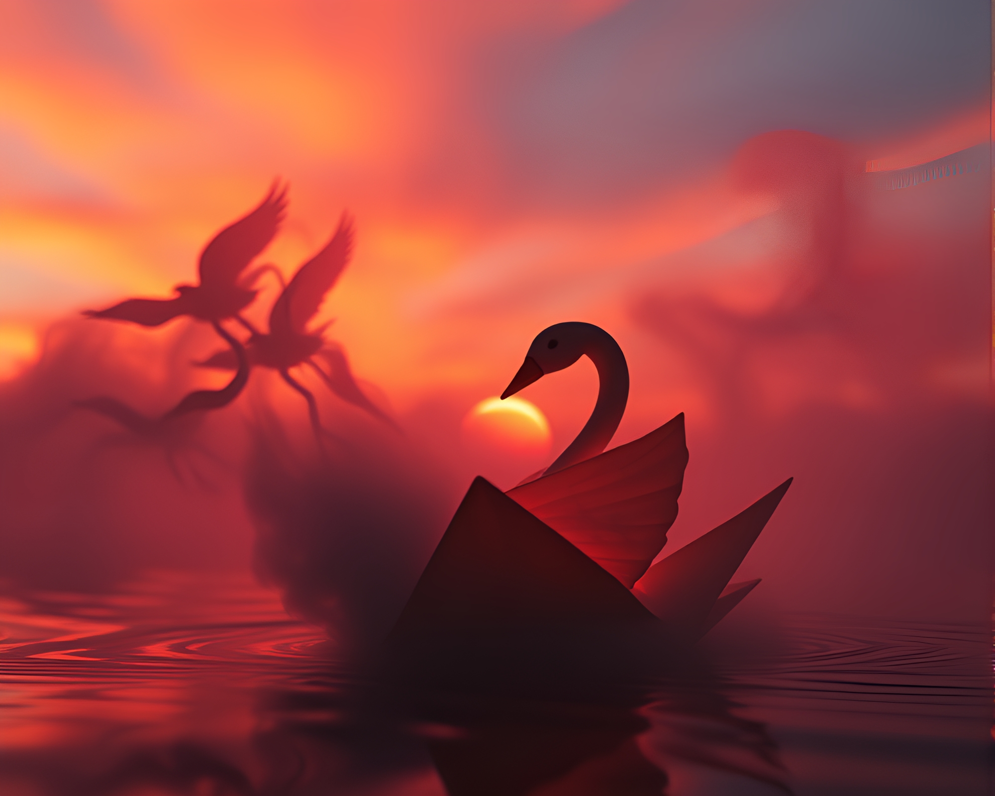 Retrowave Origami Swan at Sunset with Smoke Rings – free AI stock image