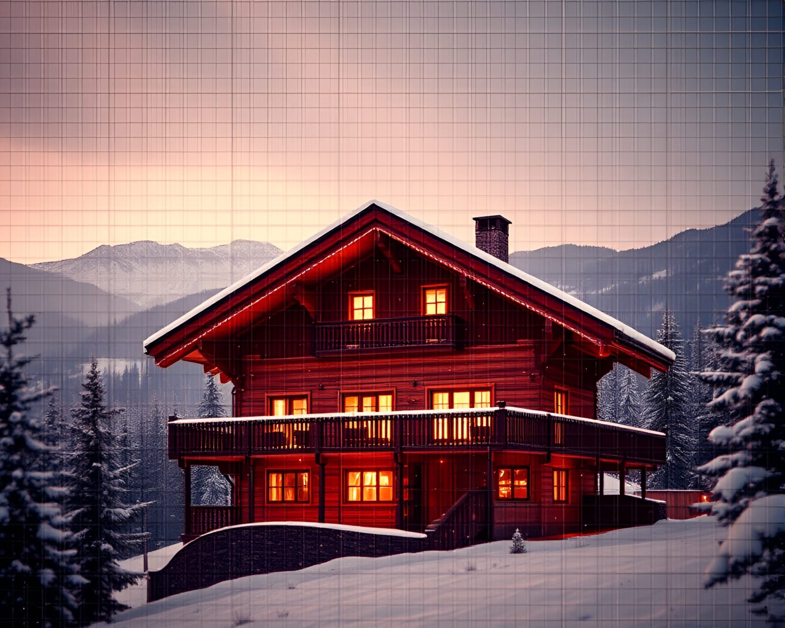 Brightly overexposed ASCII representation of an Alpine chalet
