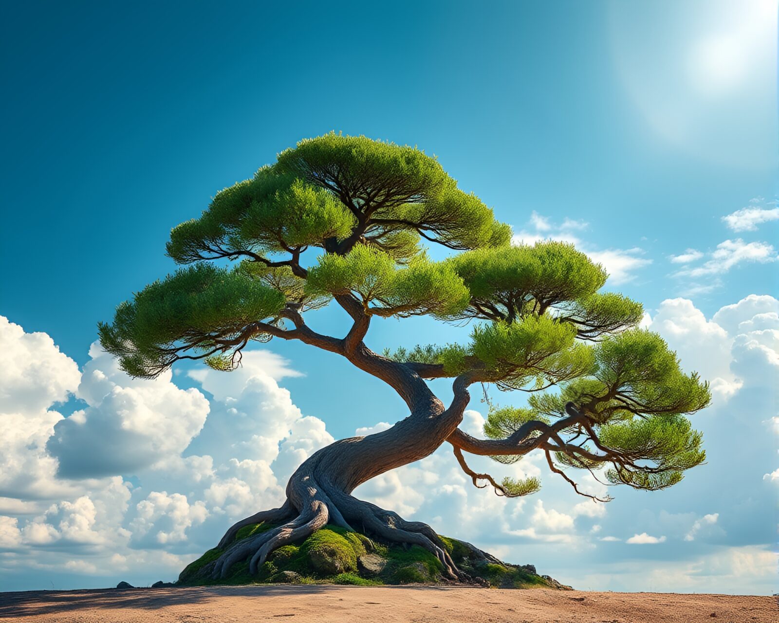 Flat color image of a bonsai tree with bright sky