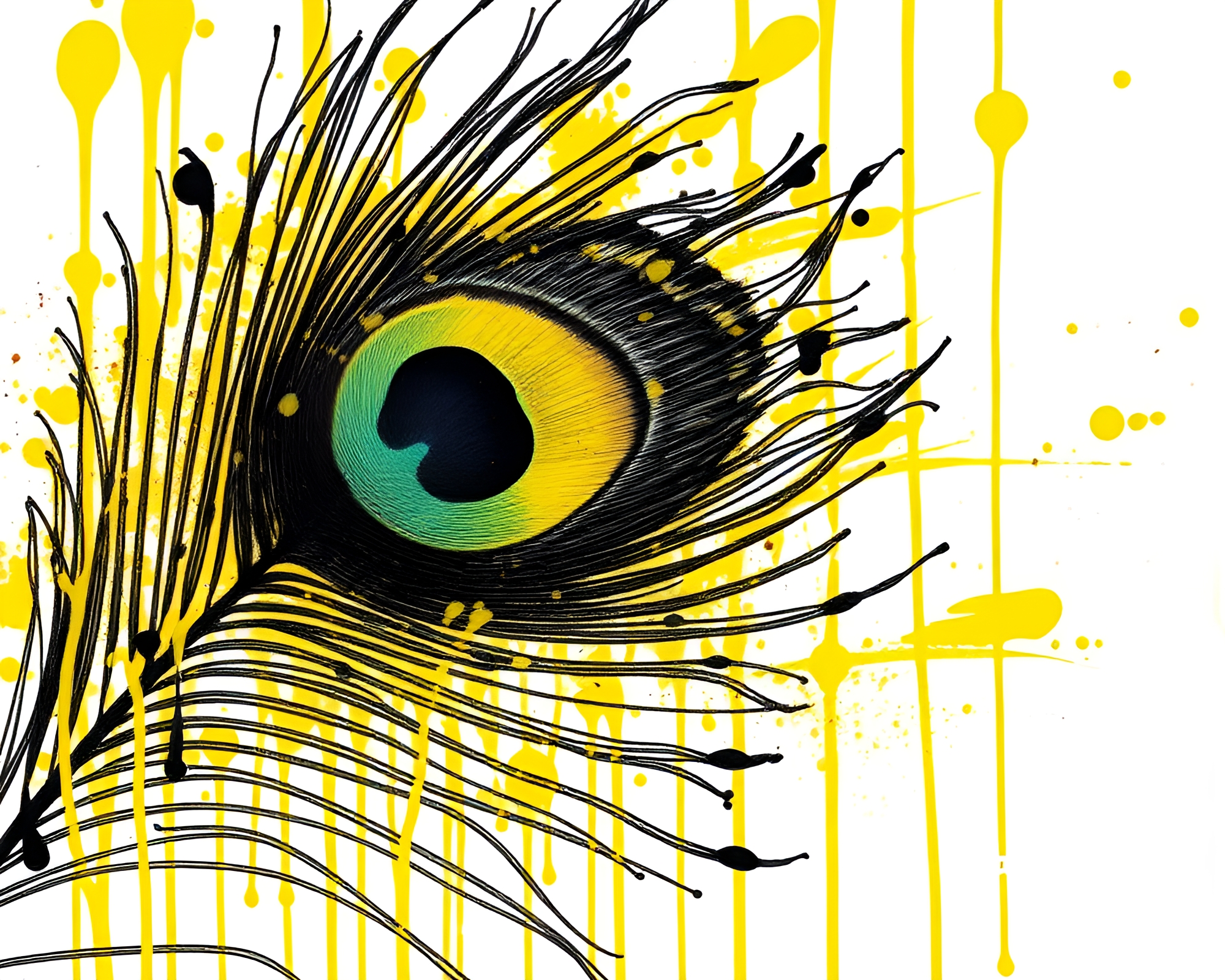 Peacock Feather in Monochrome Yellow Dripped Paint Style – free AI stock image