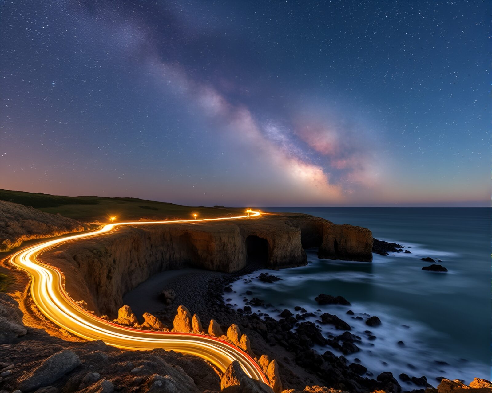 A mesmerizing scene of light trails swirling over a rugged coast beneath a starry sky