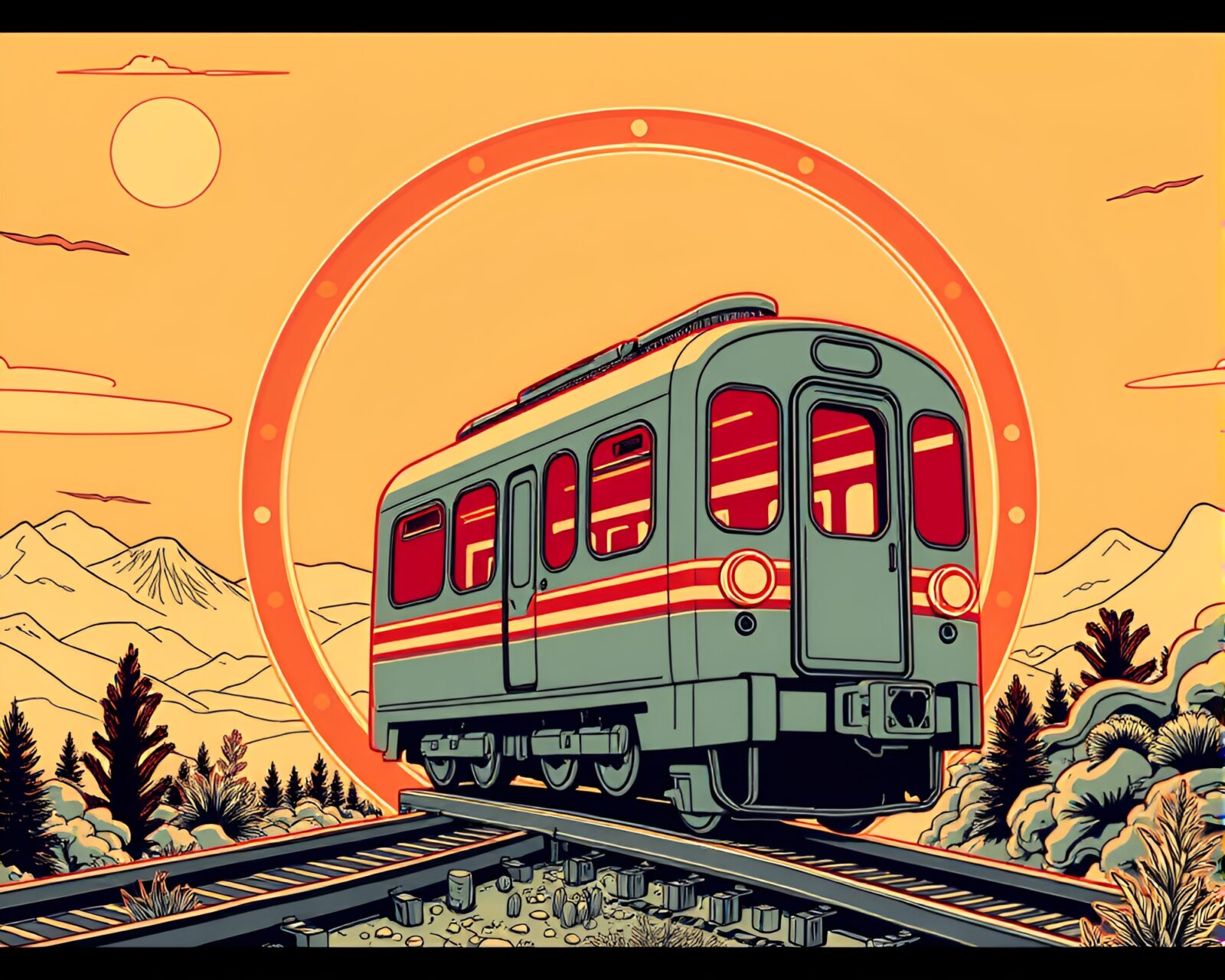 Retro scanlines illuminate a circular frame showcasing a floating train