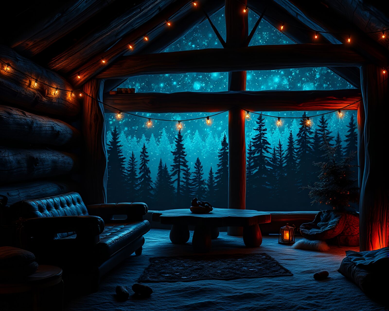 Enchanting cabin in the woods illuminated by bioluminescent mushrooms