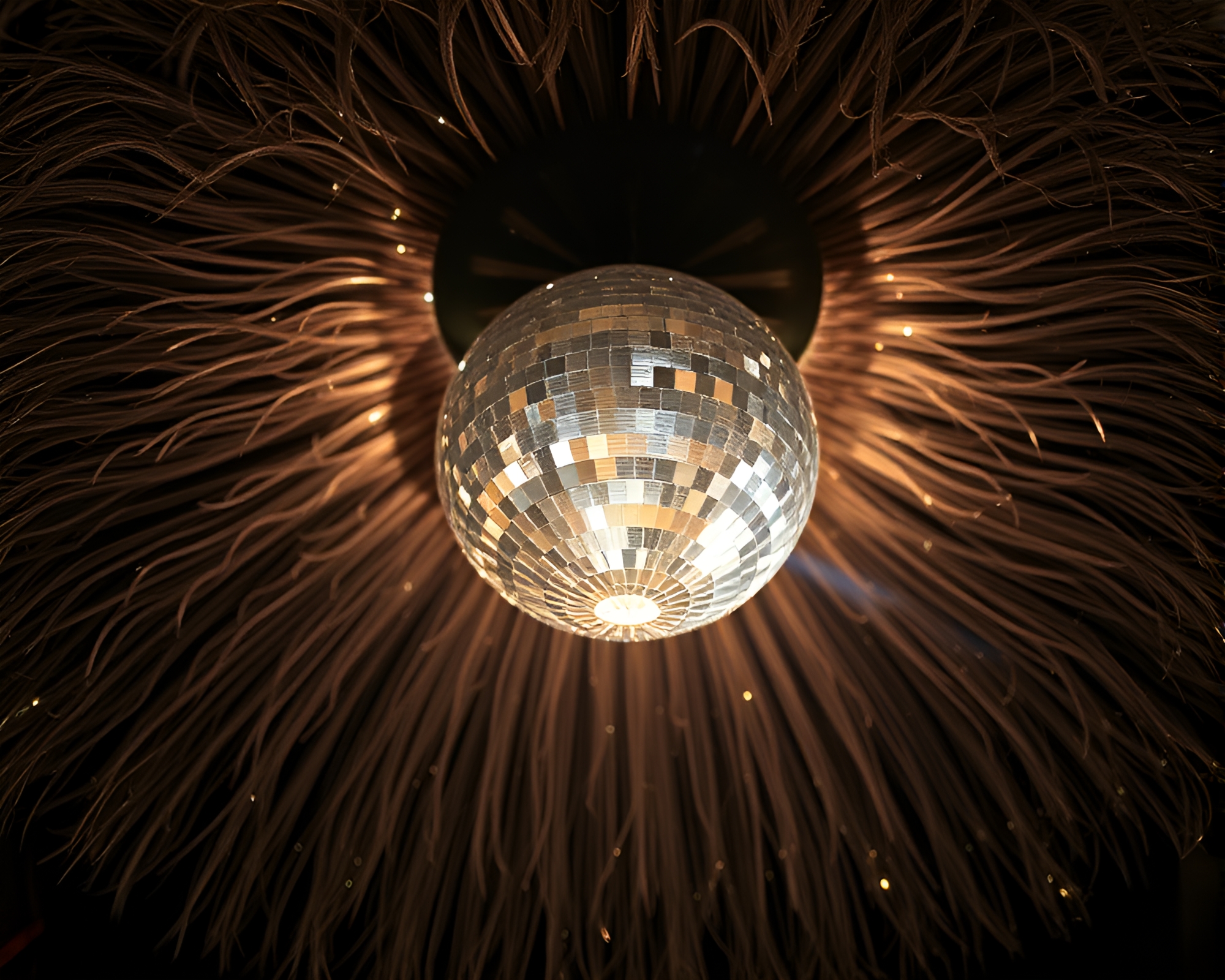 Surreal Ostrich Disco Ball Depth Layering Scene – free AI stock image