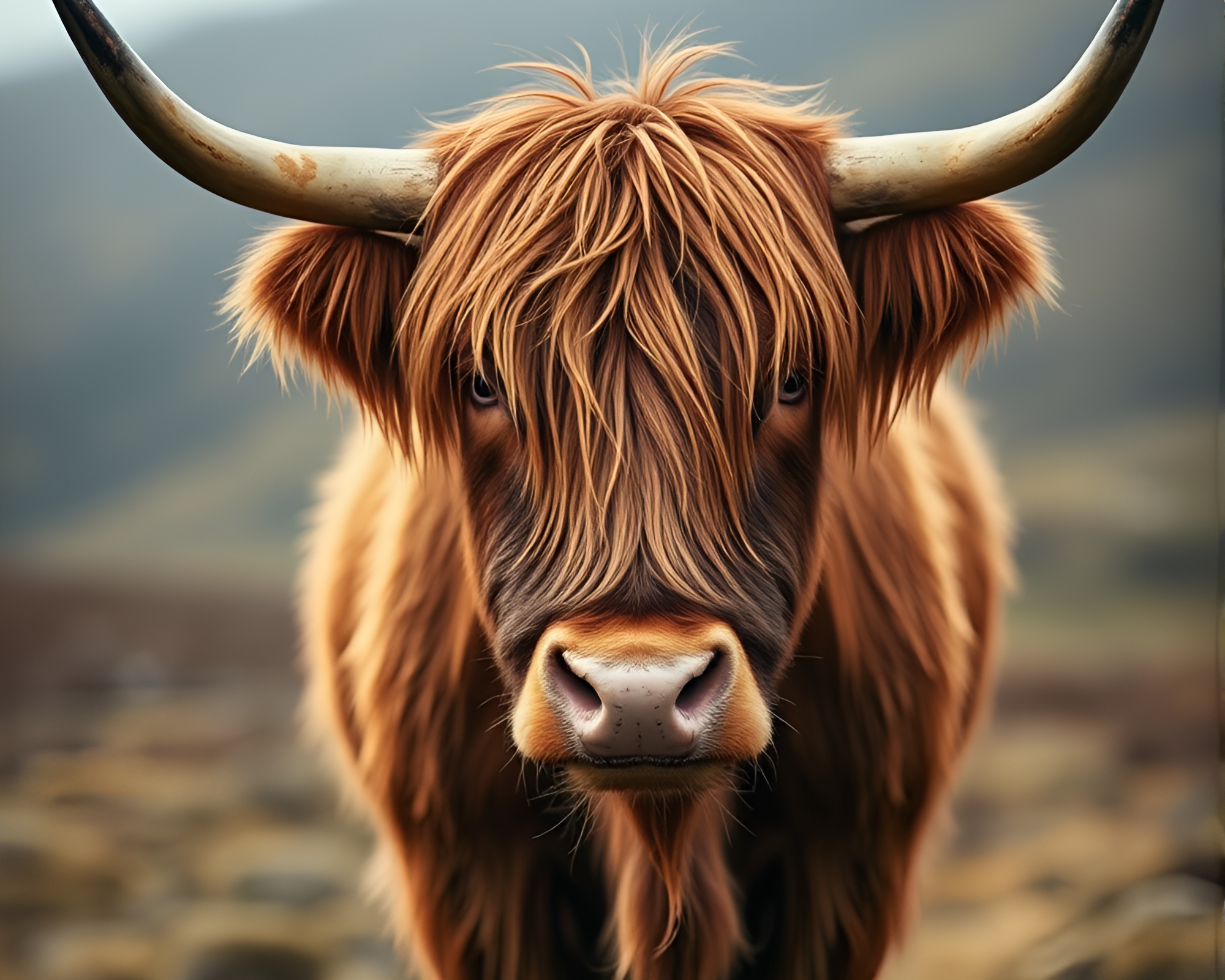 Majestic Highland Cow in Jewel-Toned Landscape – free AI stock image