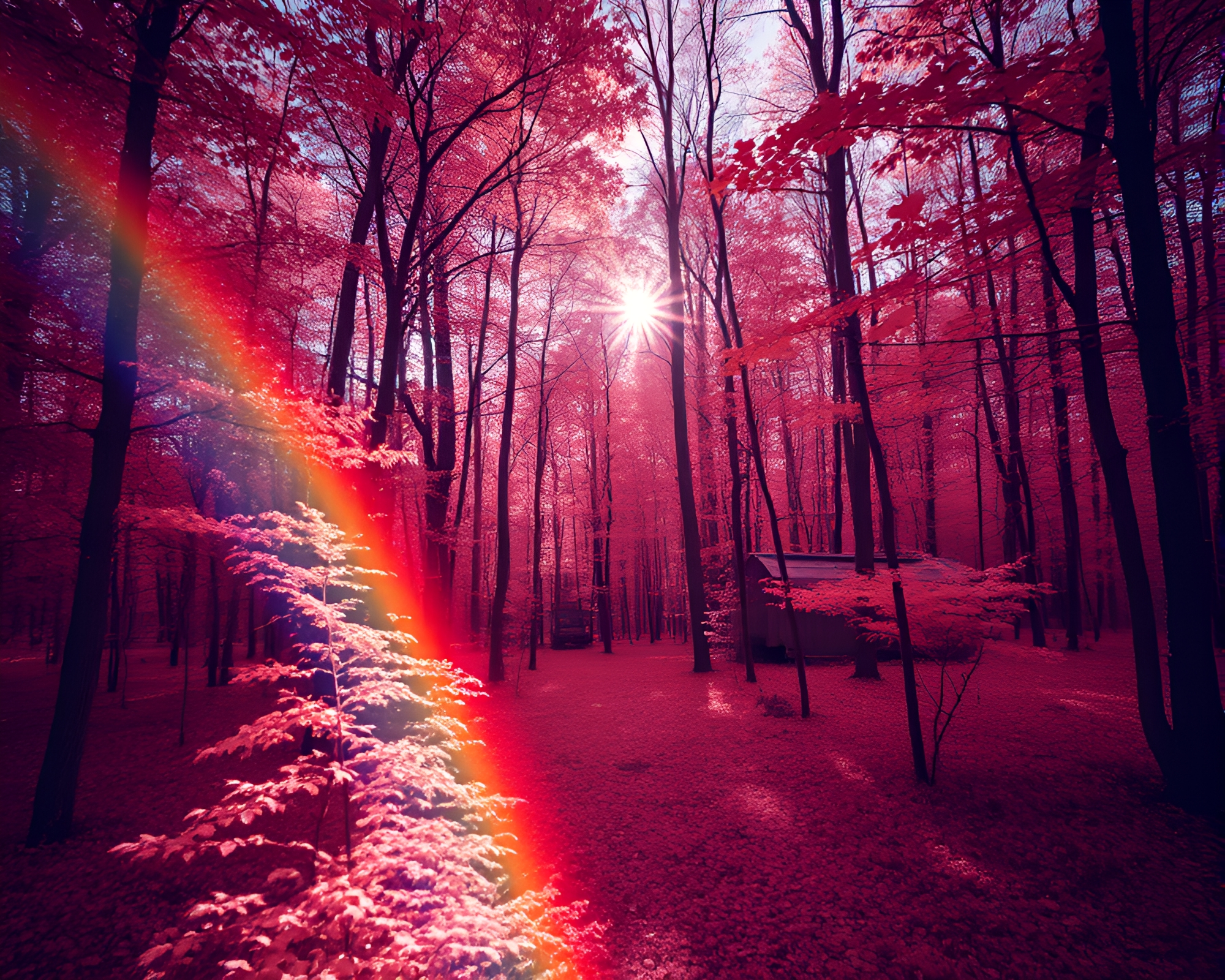 Autumn Rainbow Refraction in Infrared Forest – free AI stock image