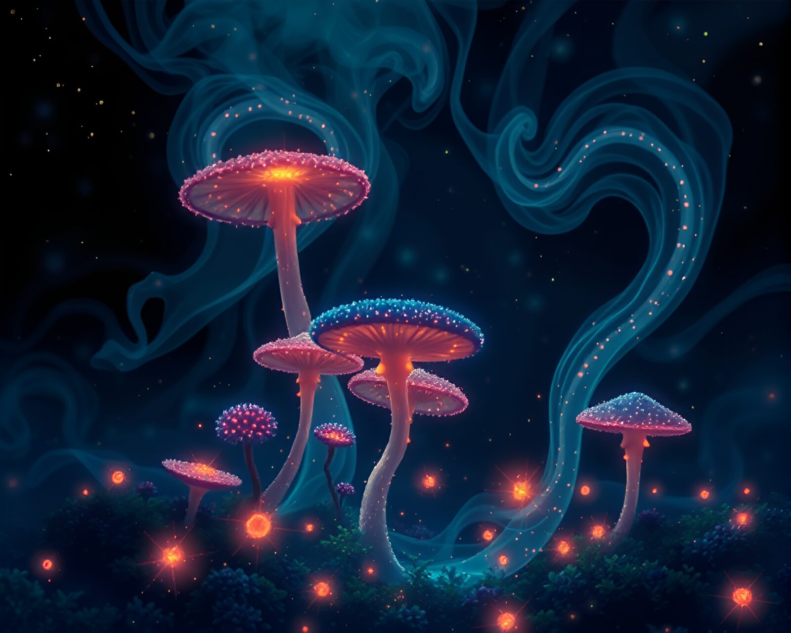 Enchanted scene of glowing mushrooms in digital art style