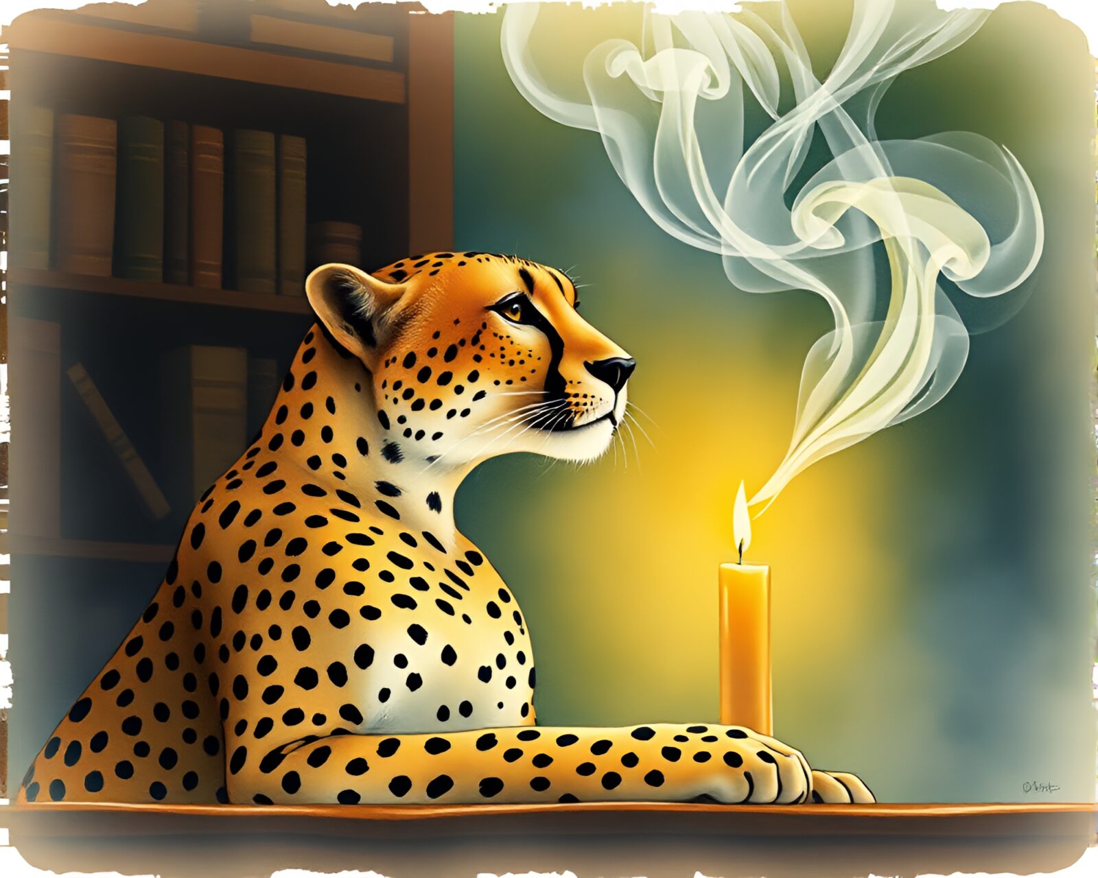 Wildlife watercolor of cheetah in mystical library setting