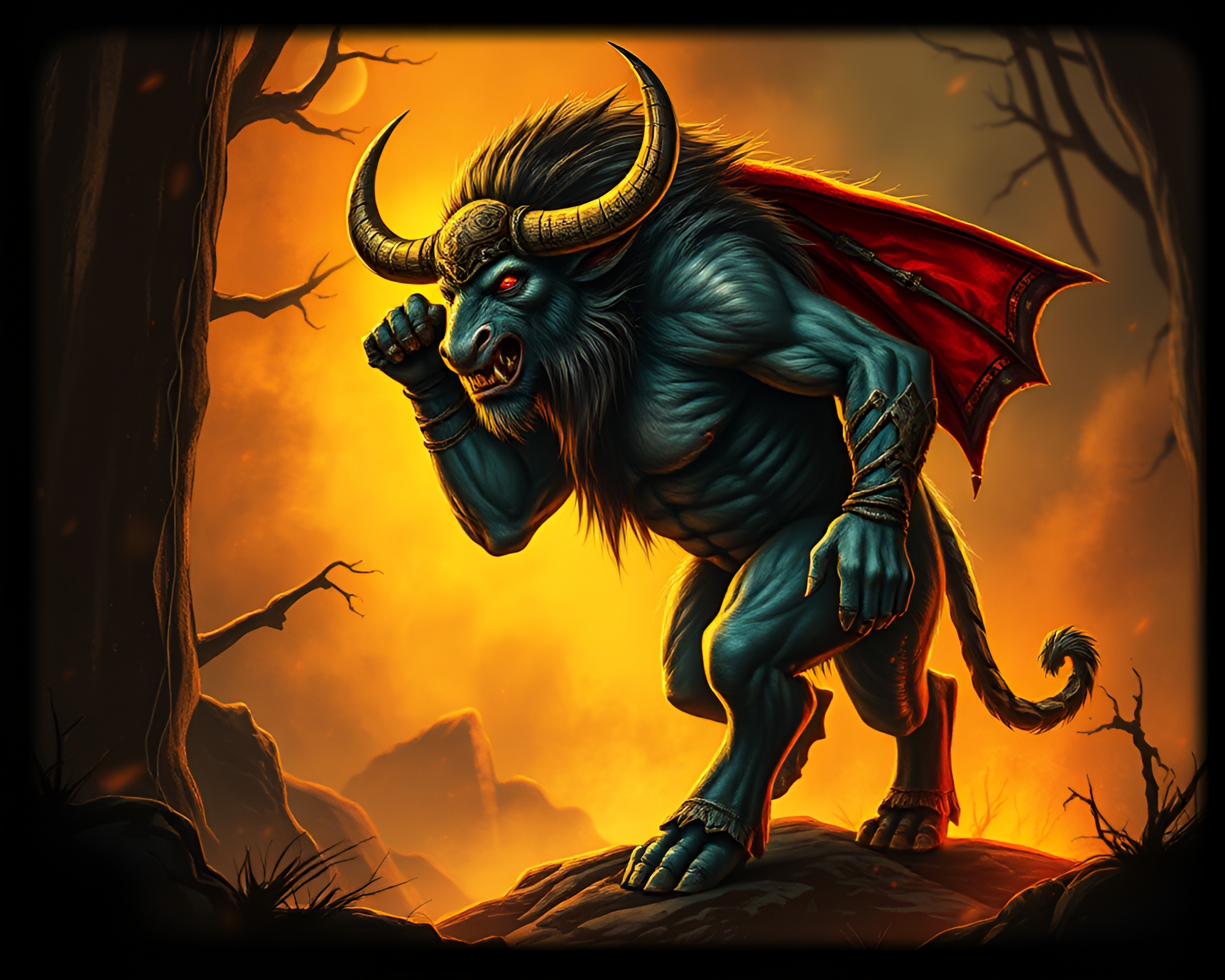 Minotaur in Technical Illustration Style with Vignette Border – free AI stock image