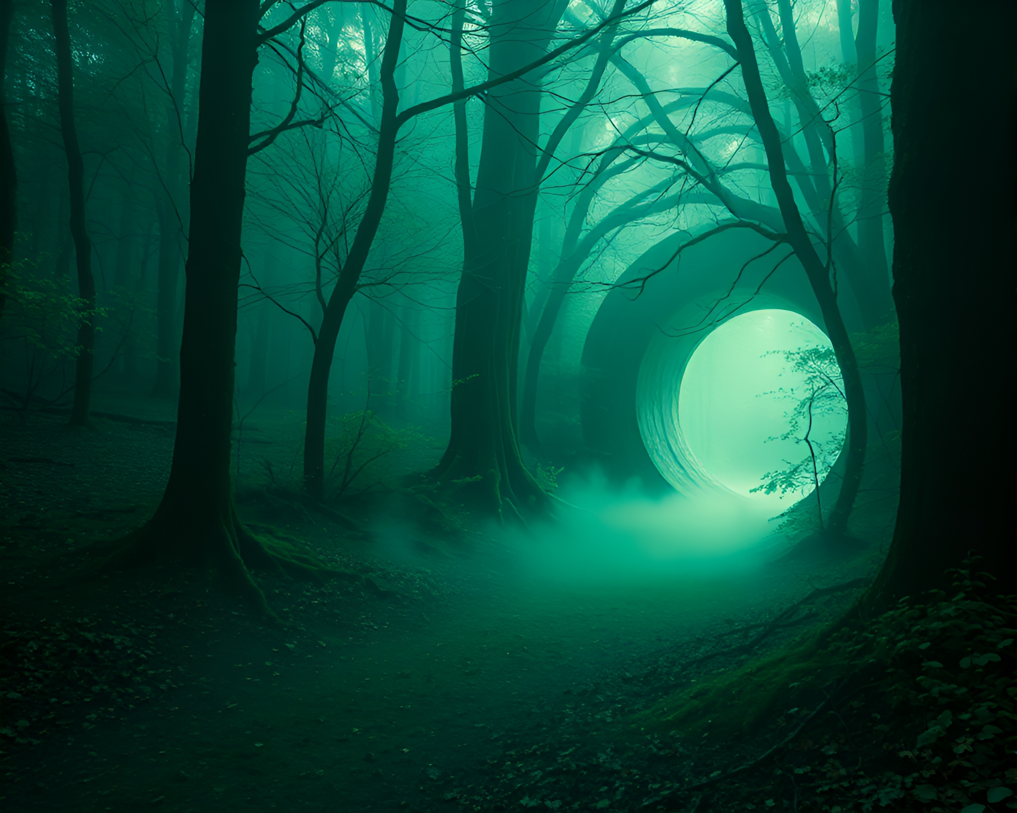 Enchanted Forest Wormhole Generator in Foggy Greenery – free AI stock image