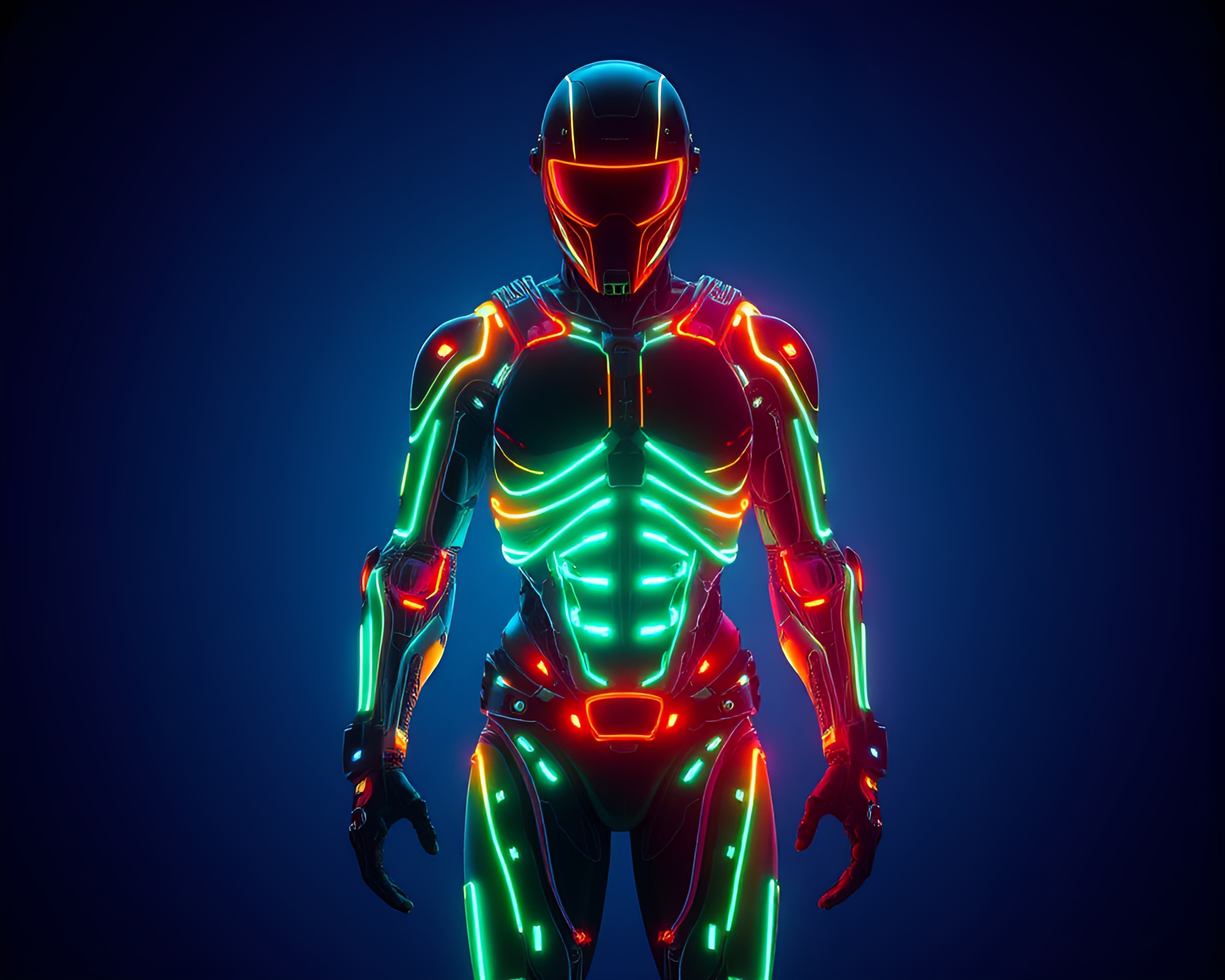 Fiber Optics Enhanced Exoskeleton Suit in Ultraviolet Light – free AI stock image