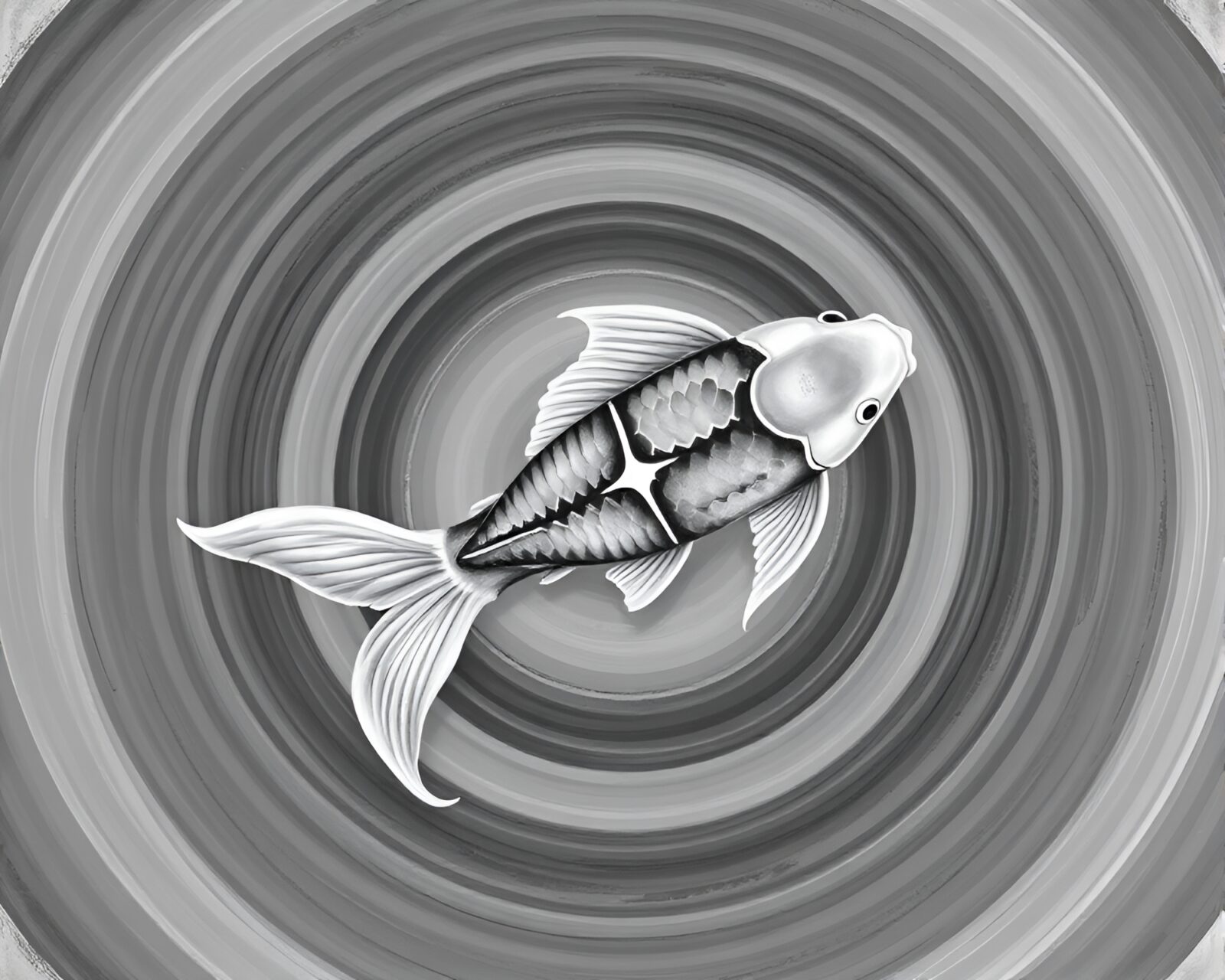 Gouache painting of mesmerizing gray Koi fish swirls