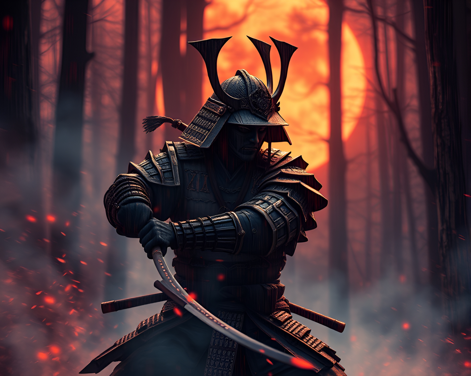 Samurai Warrior Amidst Digital Twilight Wood Grains – free AI stock image