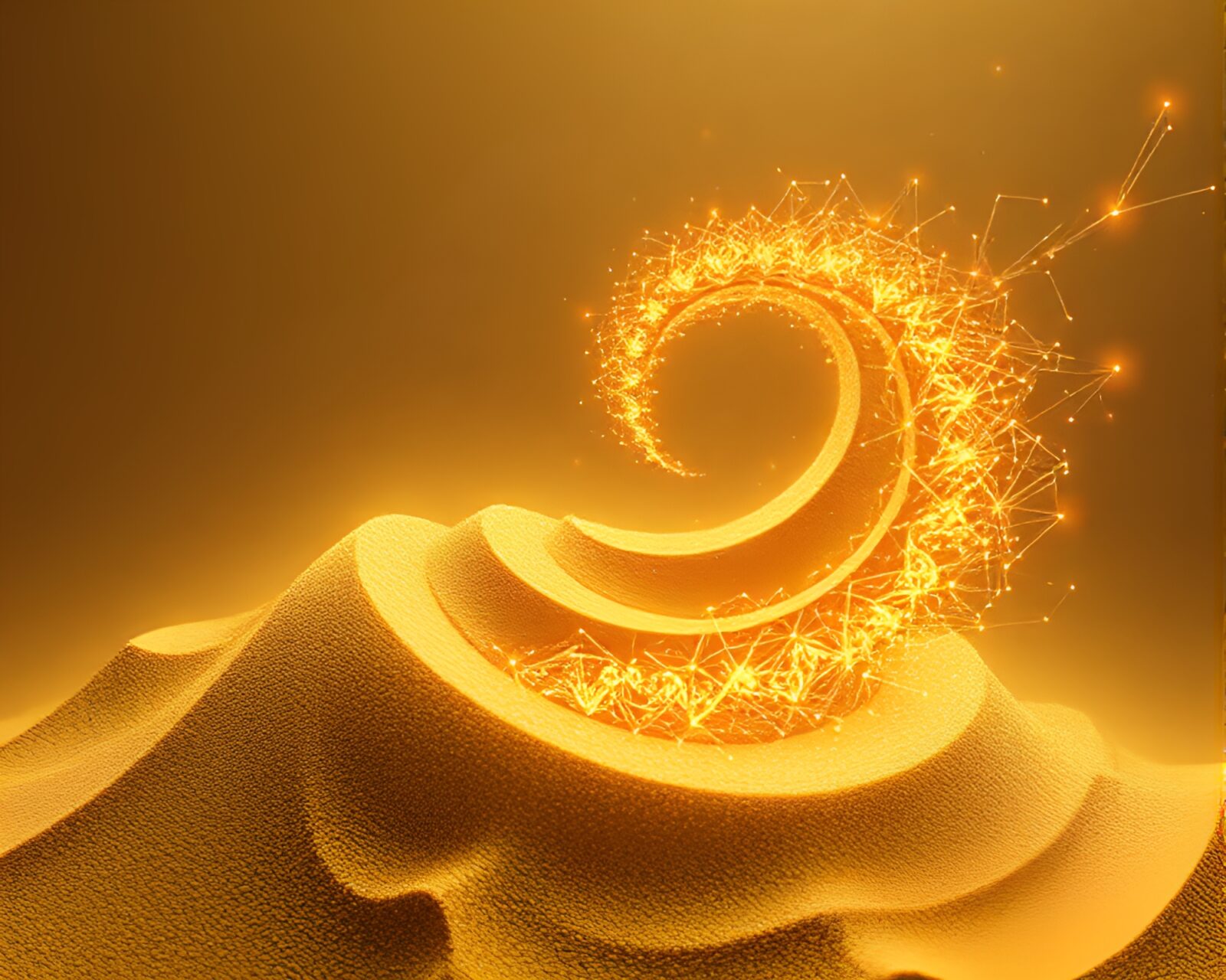 Glowing nanobot swarm amidst intricate sand spiral design