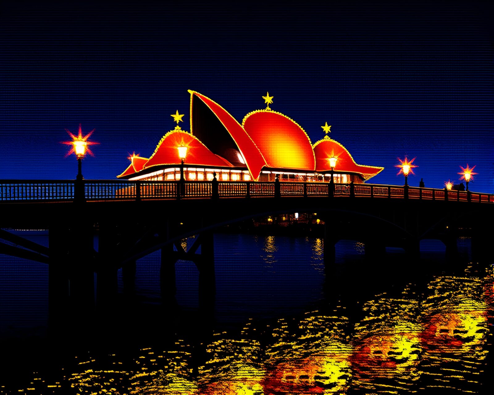 Halftone grid pattern on a wooden bridge under an opera-house glow, digitally painted.