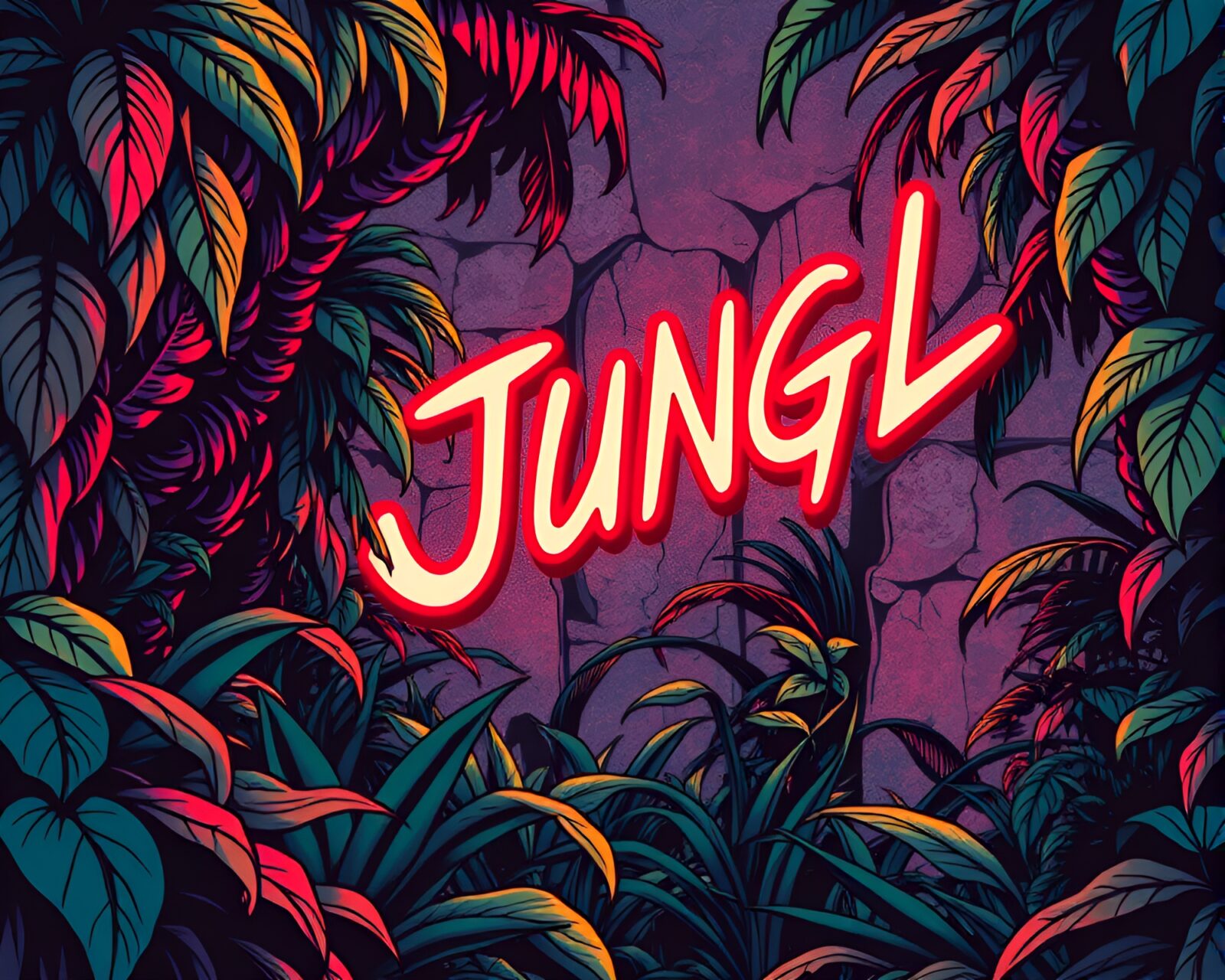 Off-center neon jungle graffiti scene in comic book style